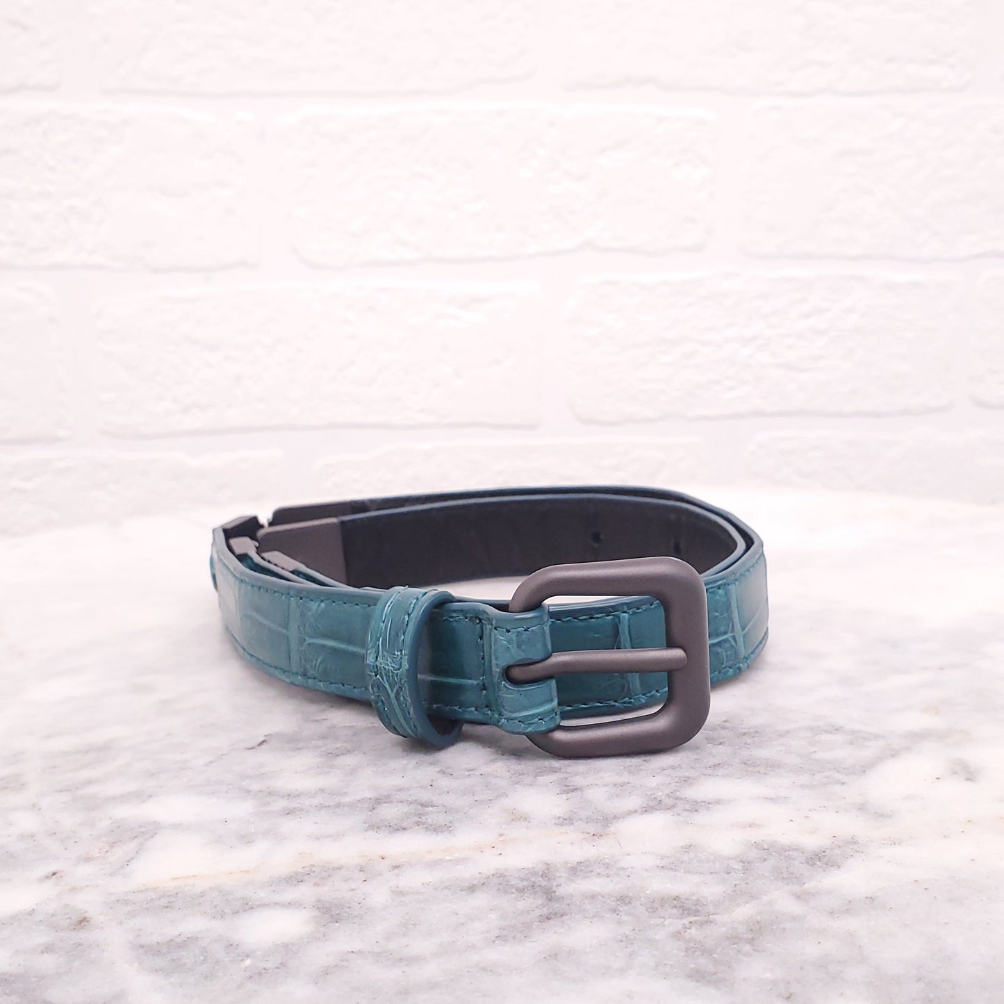 BOTTEGA VENETA GREEN SNAKESKIN BELT WITH SILVER DETAIL - SIZE 65