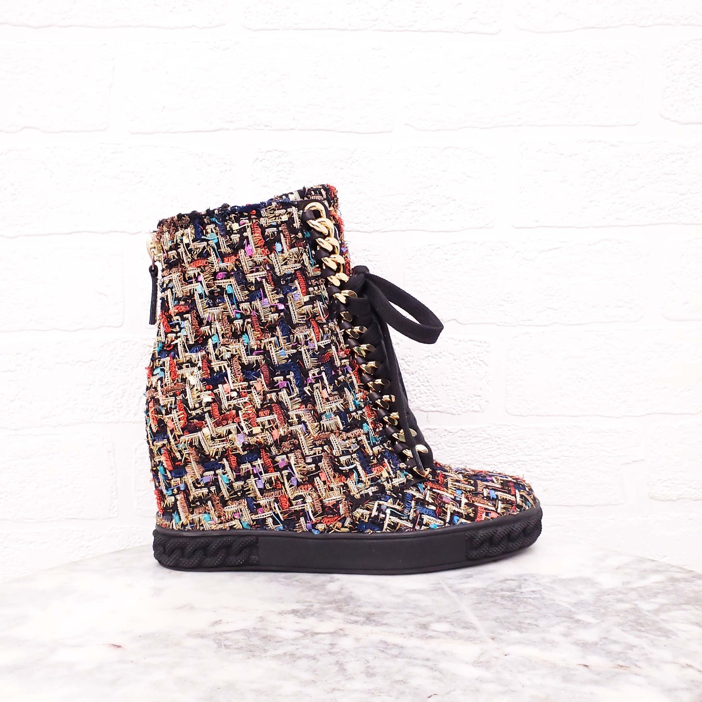 CASADEI MULTI-COLOUR TWEED WEDGE SNEAKERS WITH CHAIN DETAIL - SIZE 7