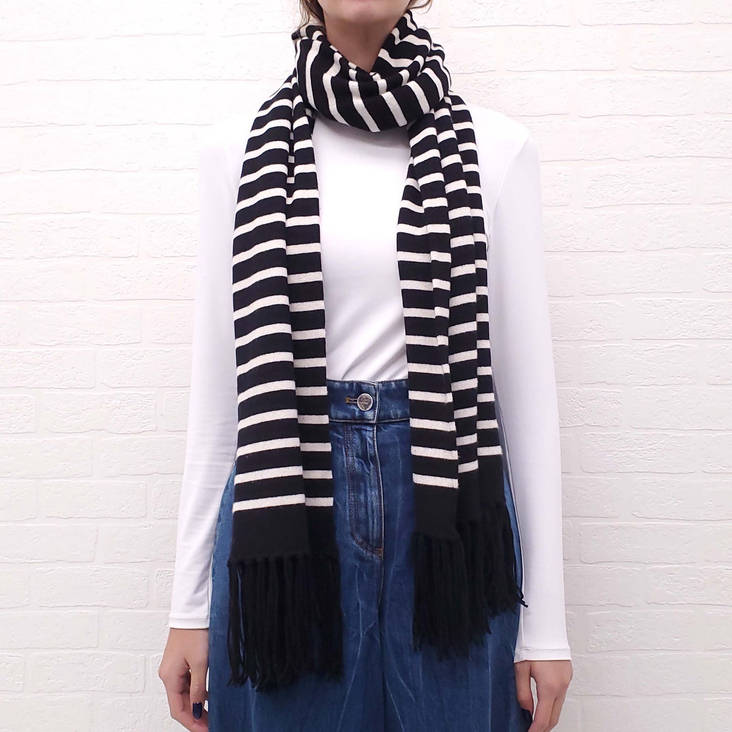 CHANEL BLACK AND WHITE STRIPED LOGO SCARF