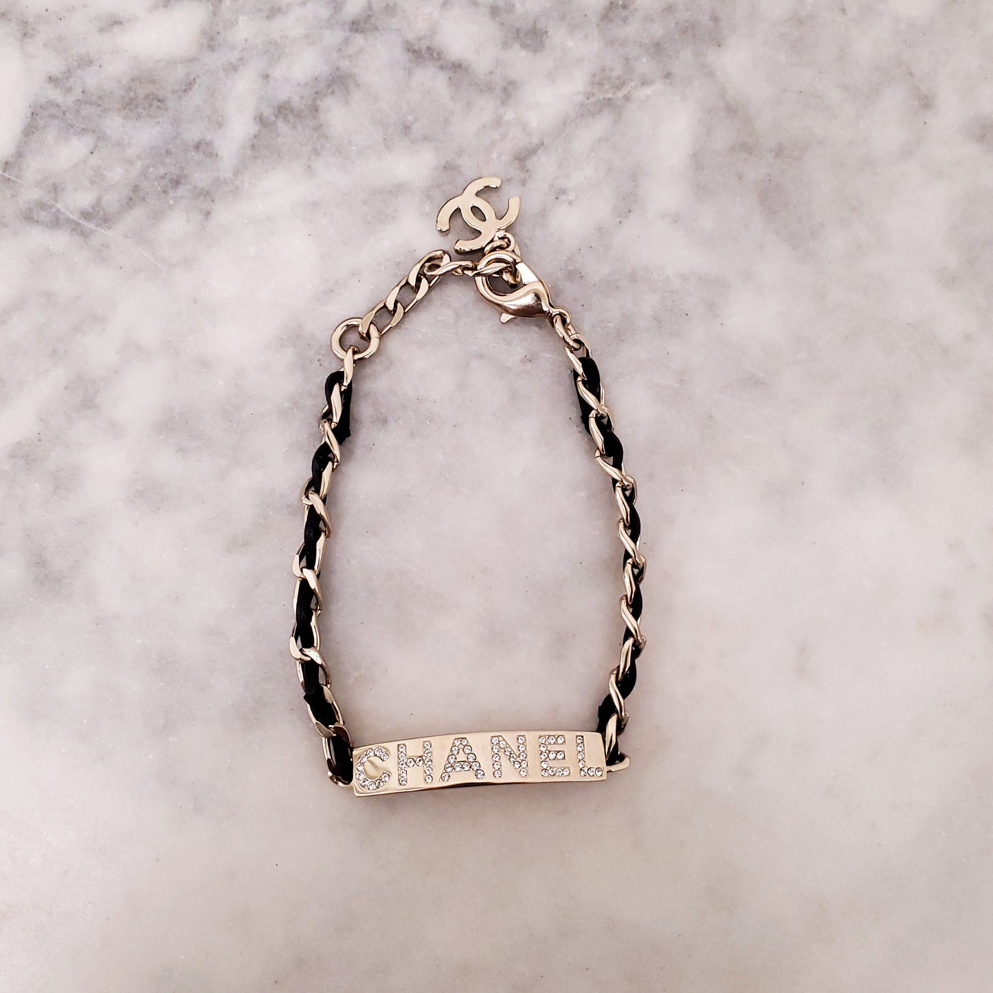 CHANEL BLACK LEATHER CHAIN LOGO ID BRACELET WITH CRYSTALS