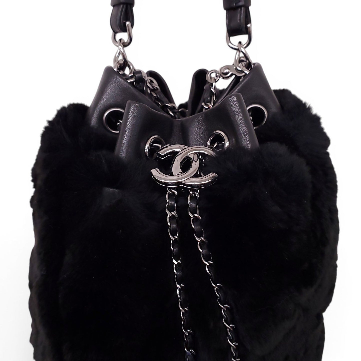 CHANEL BLACK ORYLAG MINK DRAWSTRING BUCKET BAG