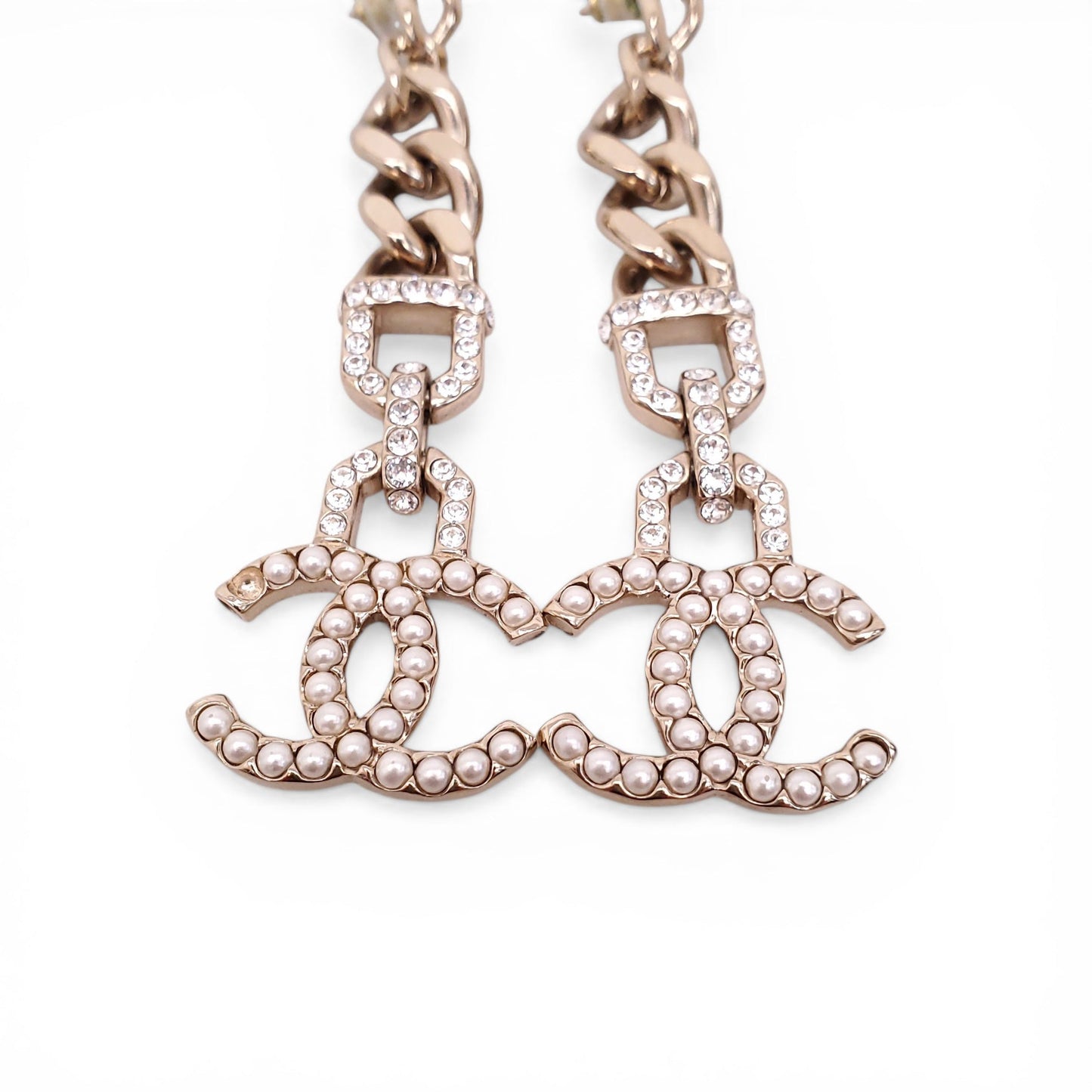 CHANEL CRYSTAL AND PEARL CC LOGO DROP EARRINGS