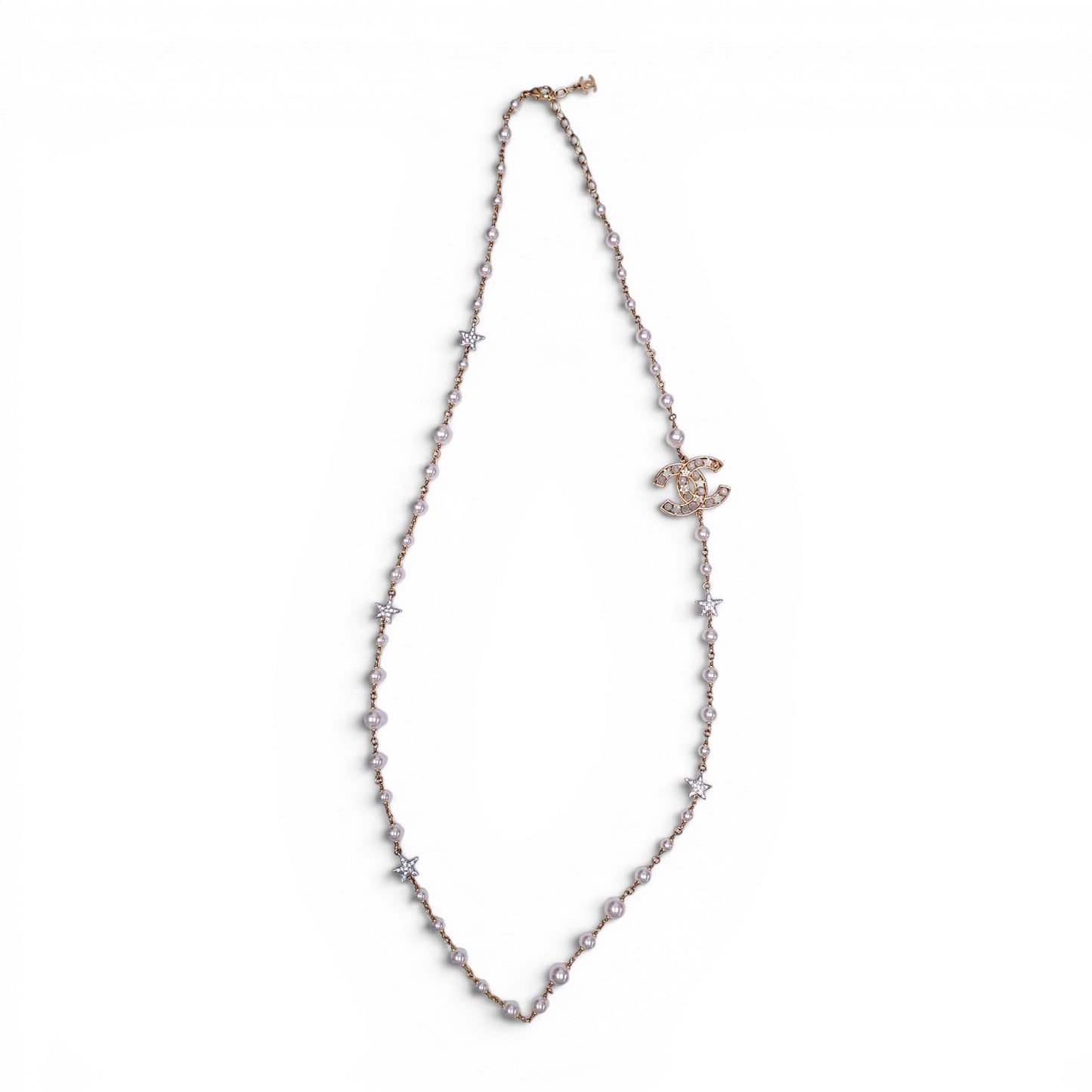 CHANEL GOLD NECKLACE WITH CREAM PEARLS, STARS, AND CC LOGO