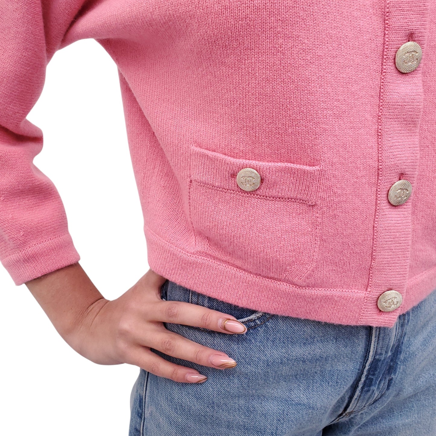 CHANEL PINK CASHMERE CARDIGAN WITH LOGO BUTTONS - SIZE 34