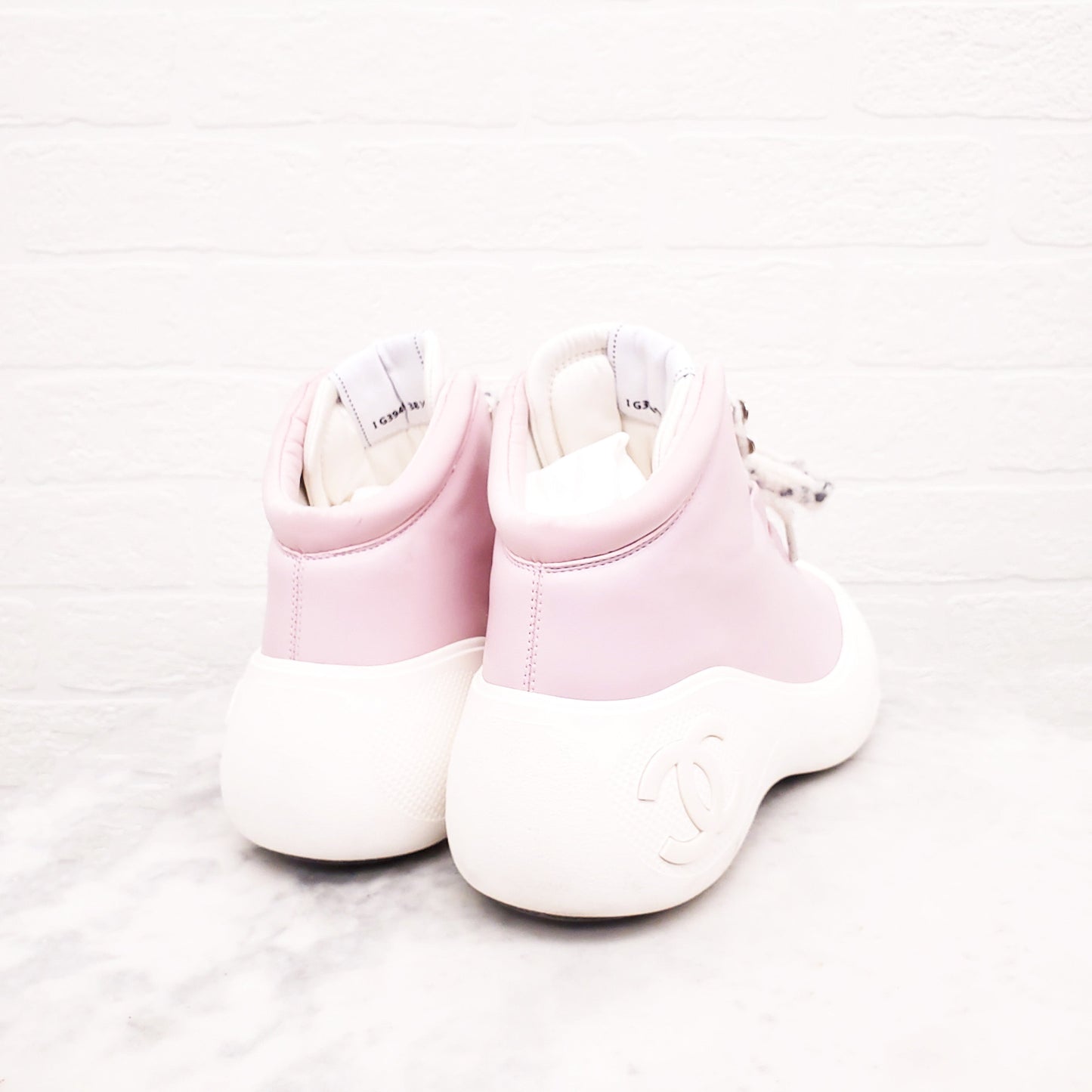 CHANEL PINK LEATHER LOGO BOOTS - SIZE 38.5