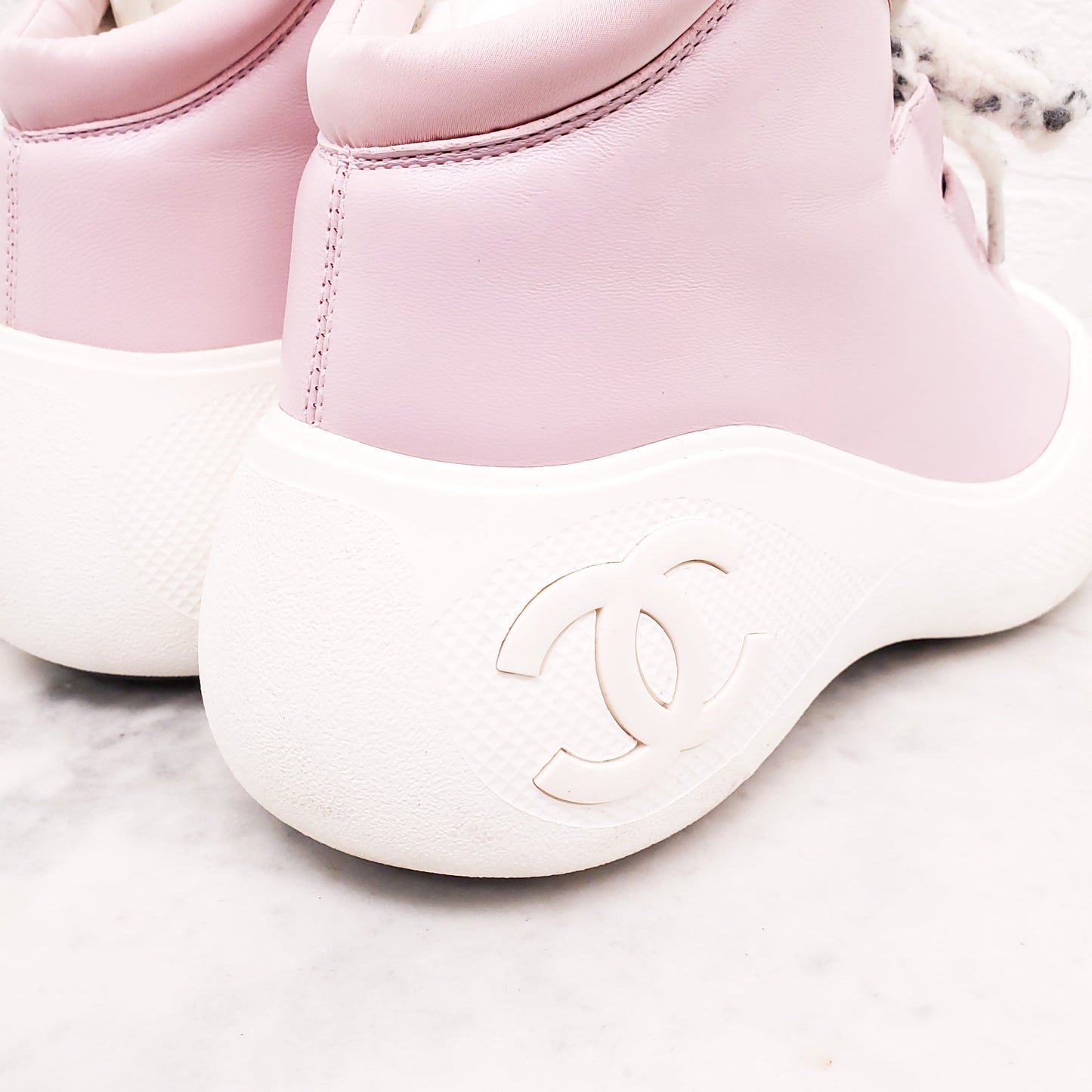 CHANEL PINK LEATHER LOGO BOOTS - SIZE 38.5