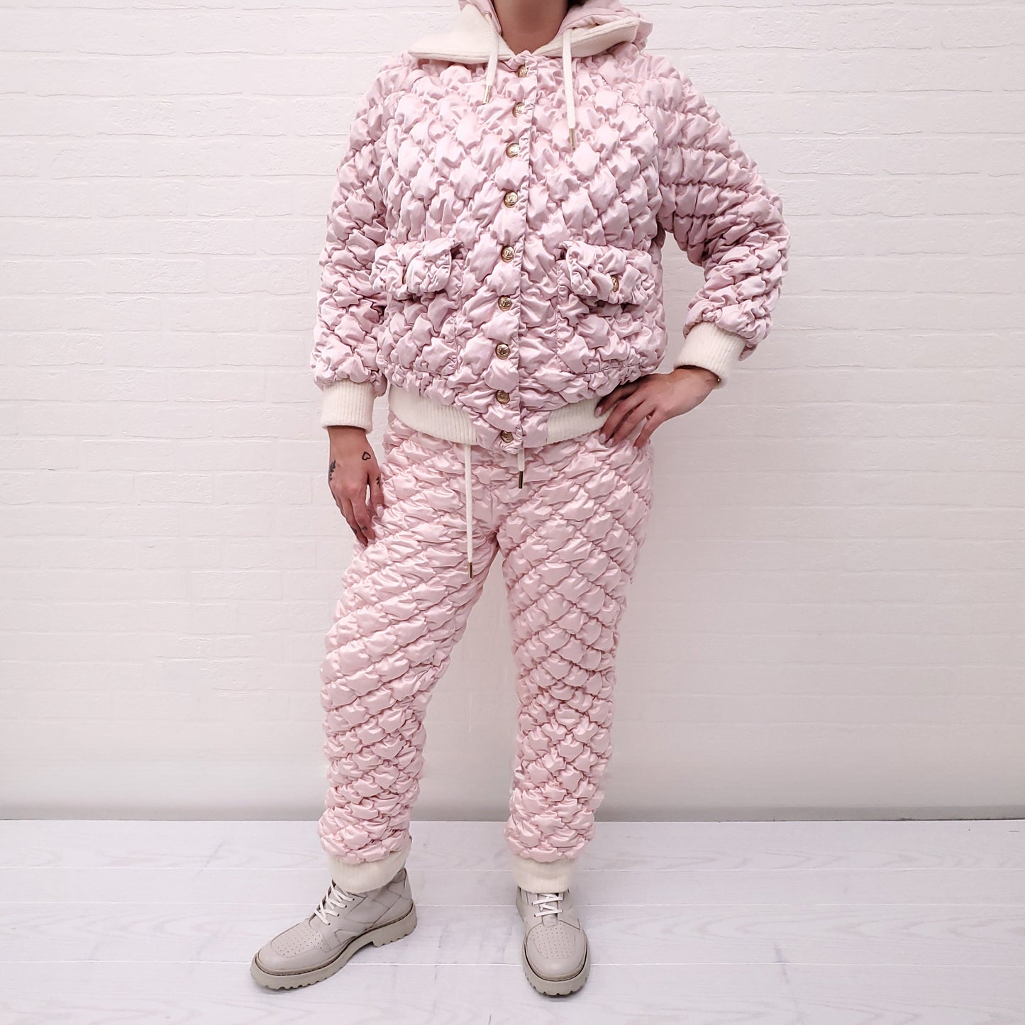 CHANEL RUNWAY PINK QUILTED BOMBER JACKET WITH MATCHING QUILTED PANT - SIZE 36