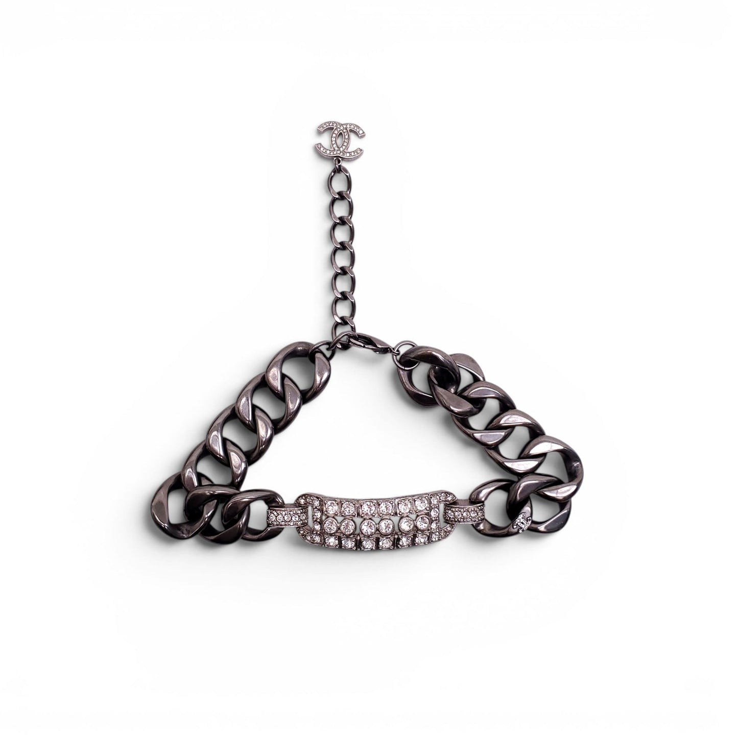CHANEL SILVER CHAIN AND CRYSTAL CHOKER NECKLACE