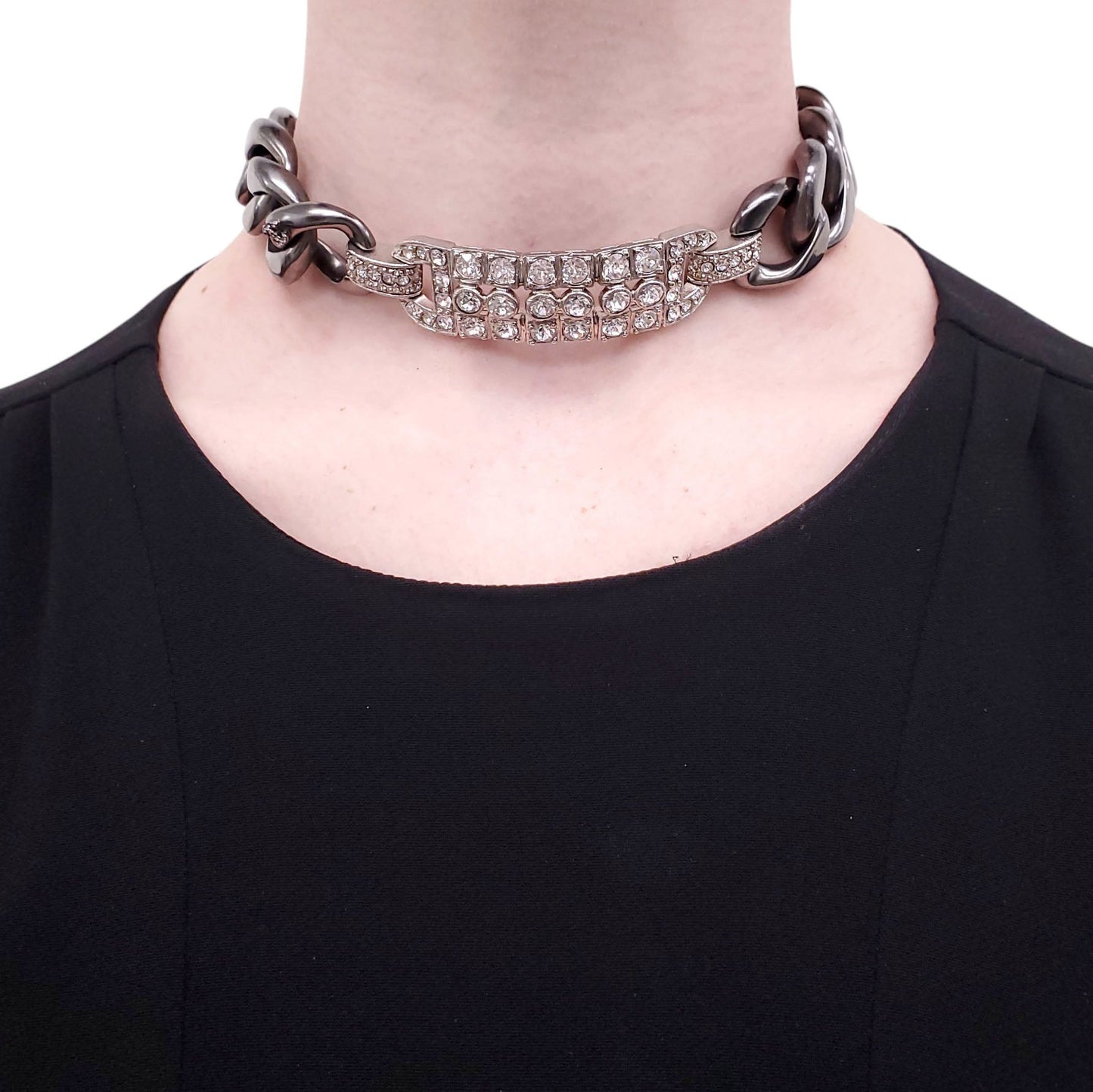 CHANEL SILVER CHAIN AND CRYSTAL CHOKER NECKLACE