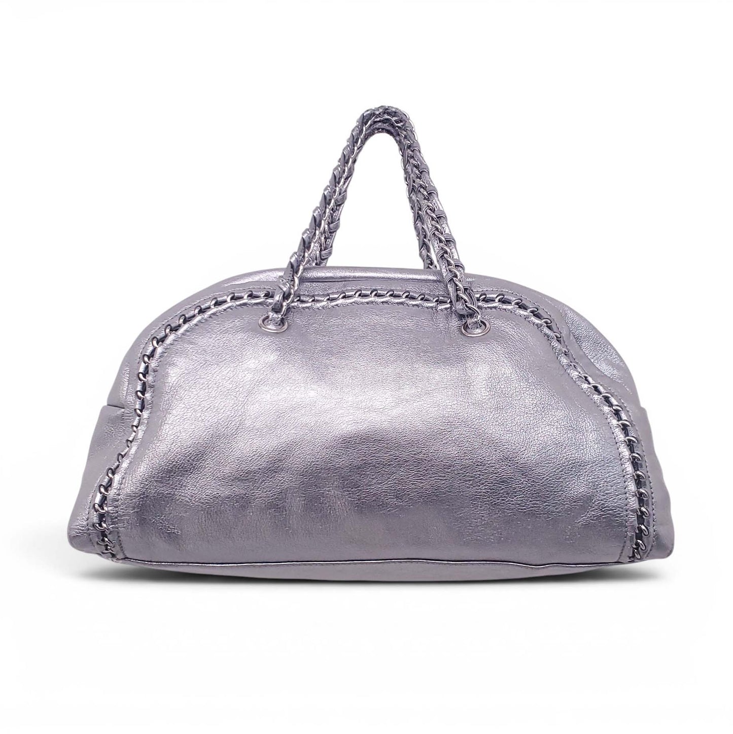 CHANEL SILVER METALLIC LARGE LUX LIGNE BOWLER BAG