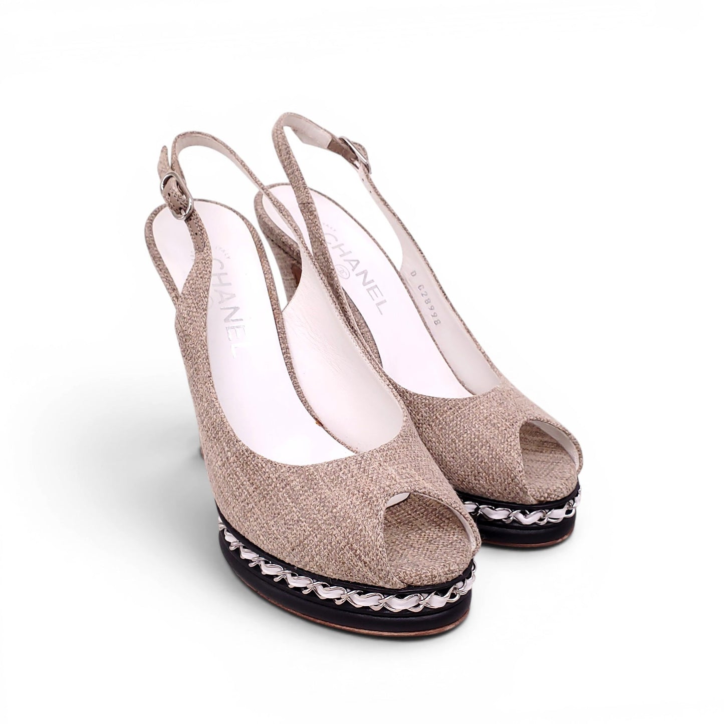 CHANEL TAUPE TWEED HEELS WITH CHAIN DETAIL - SIZE 38