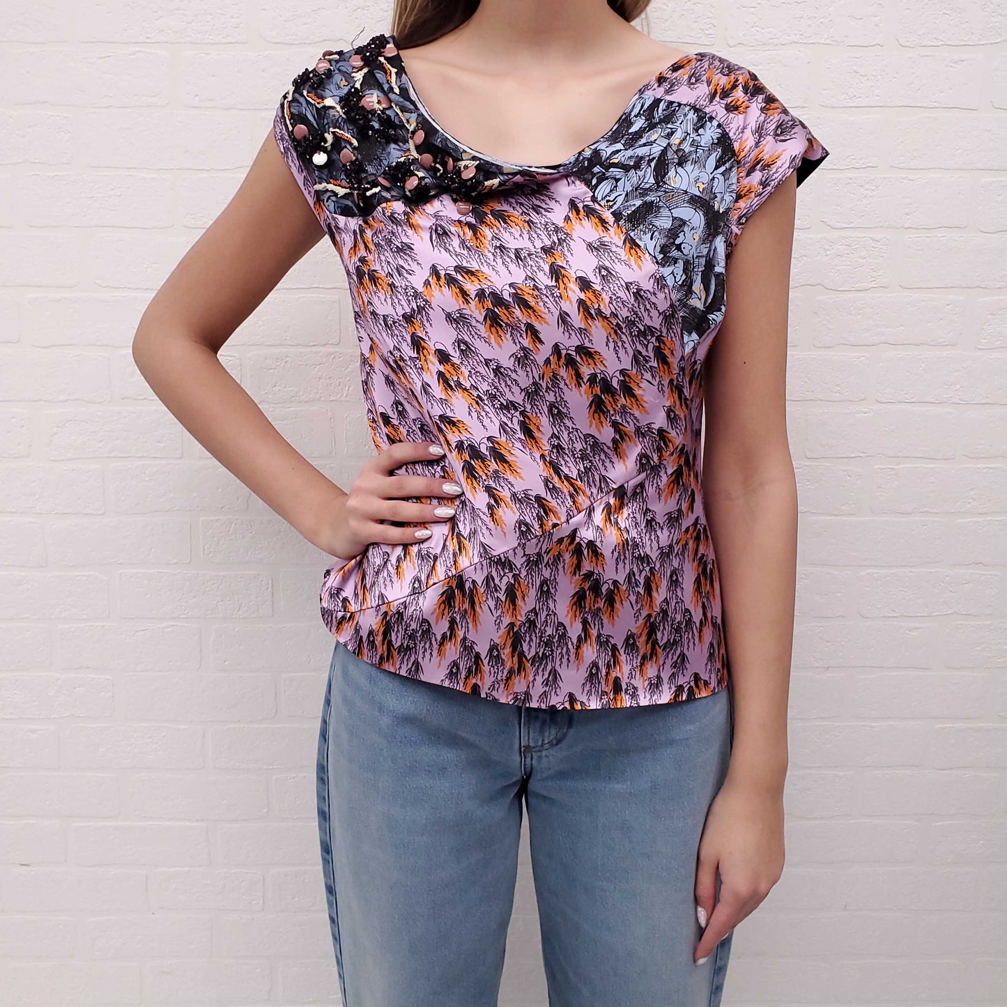 CHRISTIAN DIOR PINK AND ORANGE BLOUSE WITH SEQUIN LACE DETAIL - SIZE 8