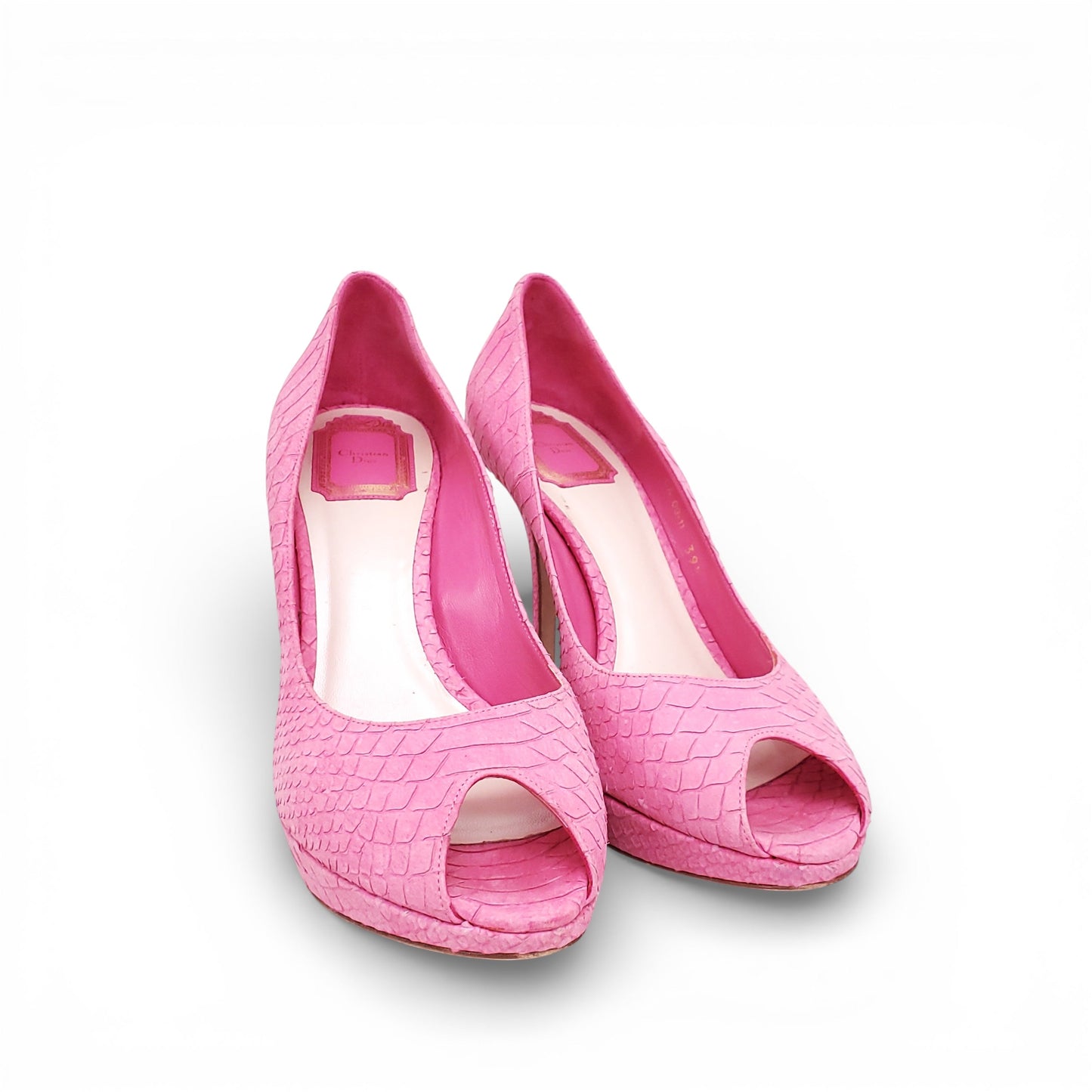 CHRISTIAN DIOR PINK SUEDE SNAKESKIN PEEP TOE HEELS - SIZE 39.5