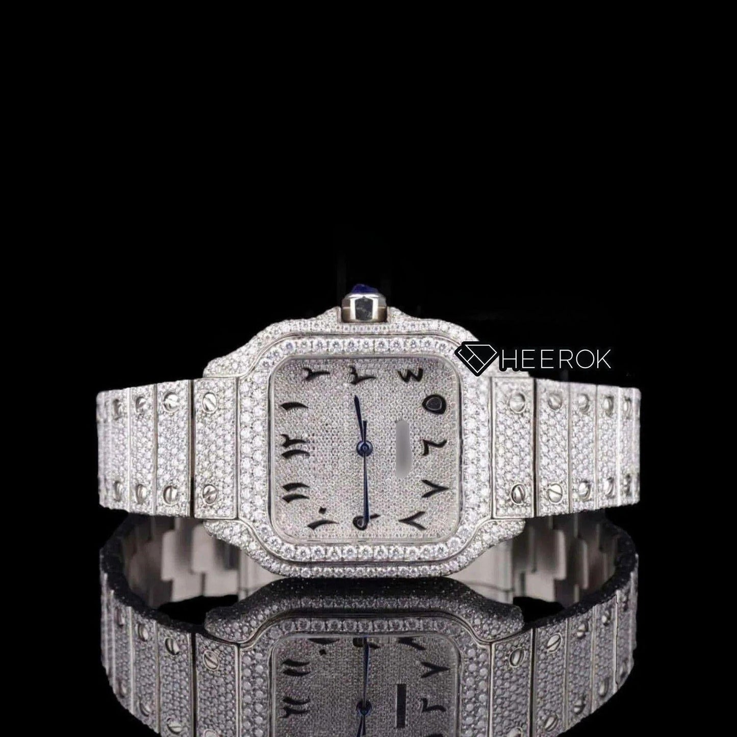 Cartier Santos Black Arabic Numerals White Dial Diamond Bezel Fully Iced Moissanite Diamond