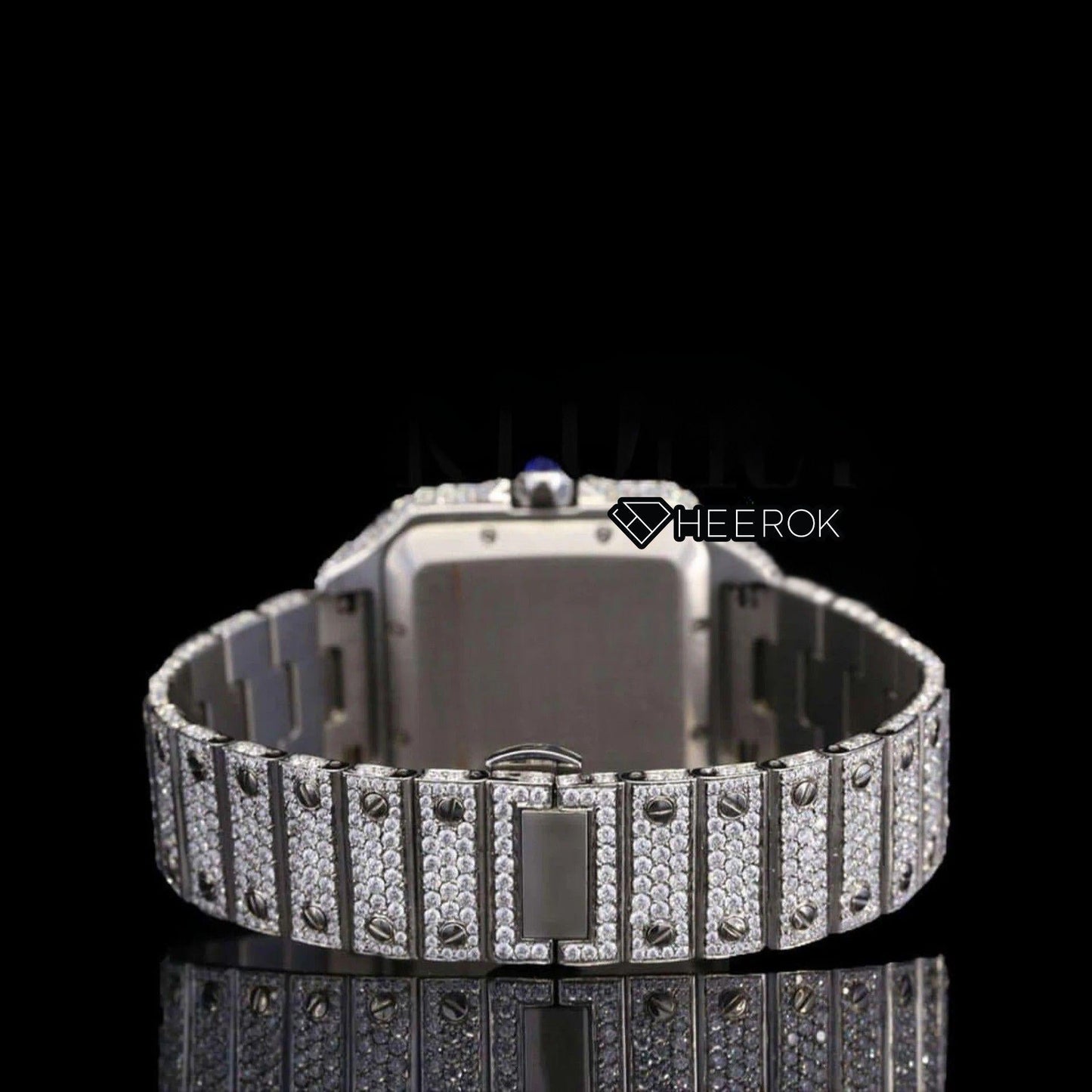 Cartier Santos Black Roman Numerals White Dial Diamond Bezel Fully Iced Moissanite Diamond