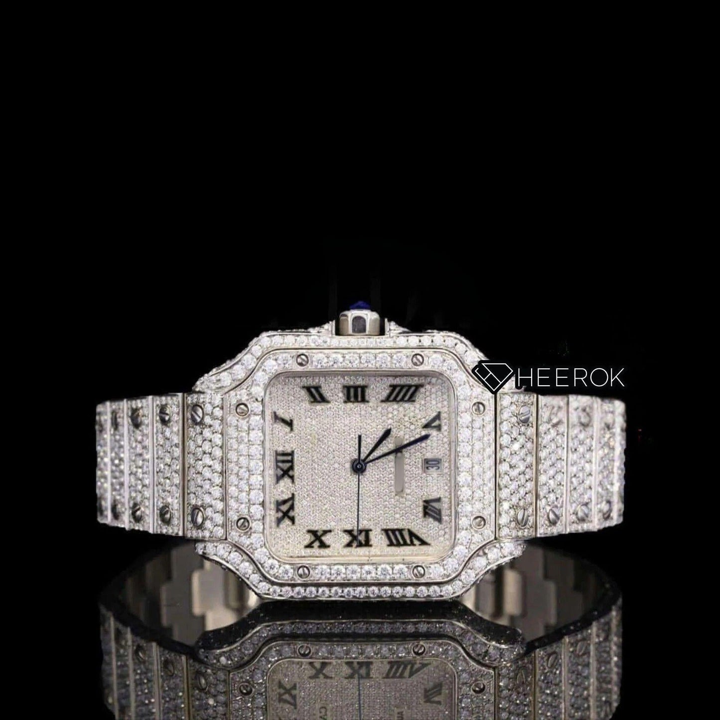 Cartier Santos Black Roman Numerals White Dial Diamond Bezel Fully Iced Moissanite Diamond