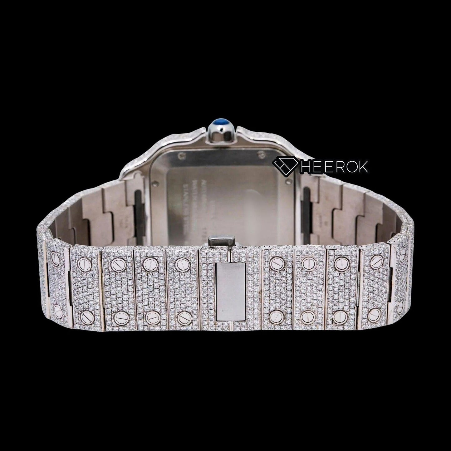 Cartier Santos Blue Dial Roman Numerals Diamond Bezel Bust Down Moissanite Diamond Watch