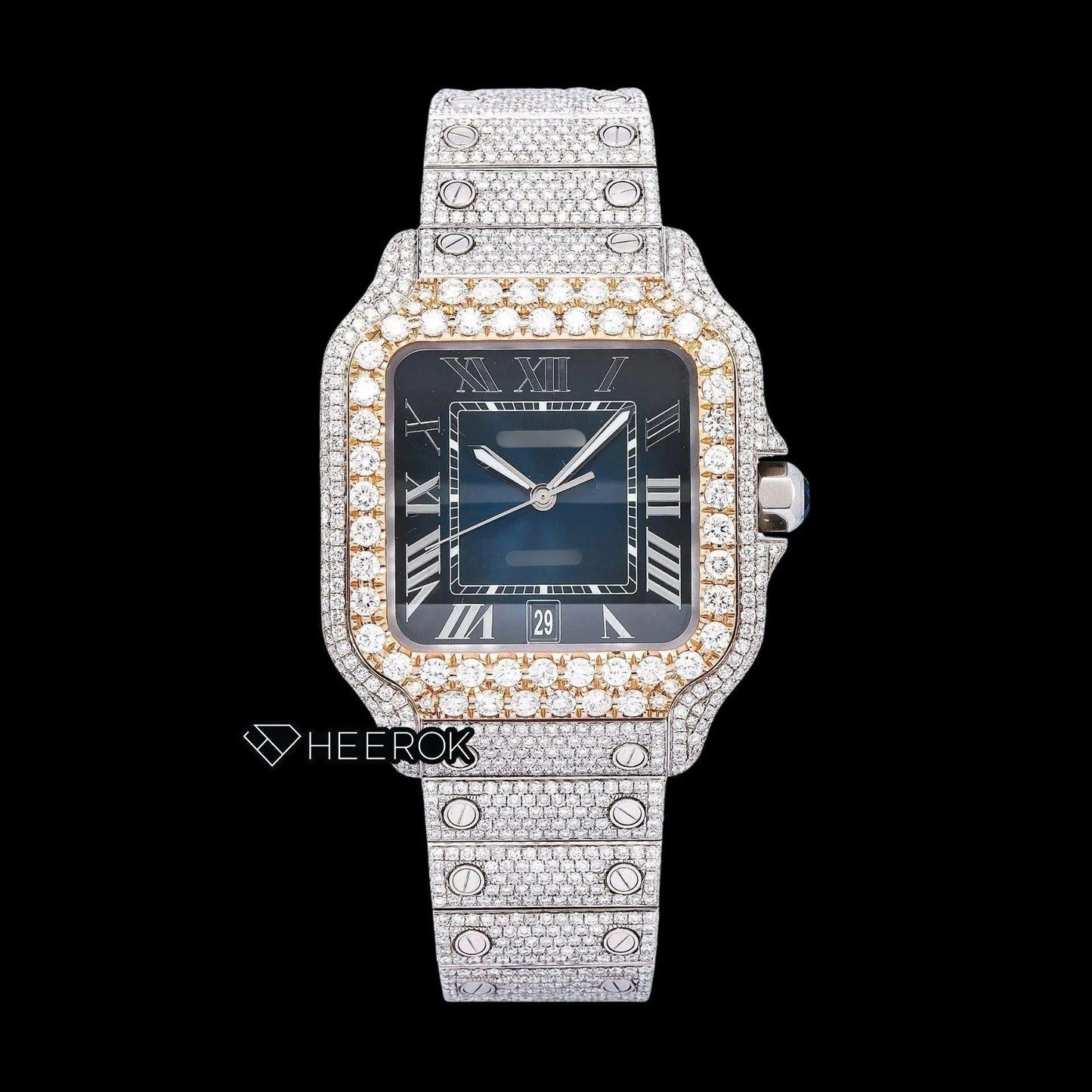 Cartier Santos Blue Dial Roman Numerals Diamond Bezel Bust Down Moissanite Diamond Watch