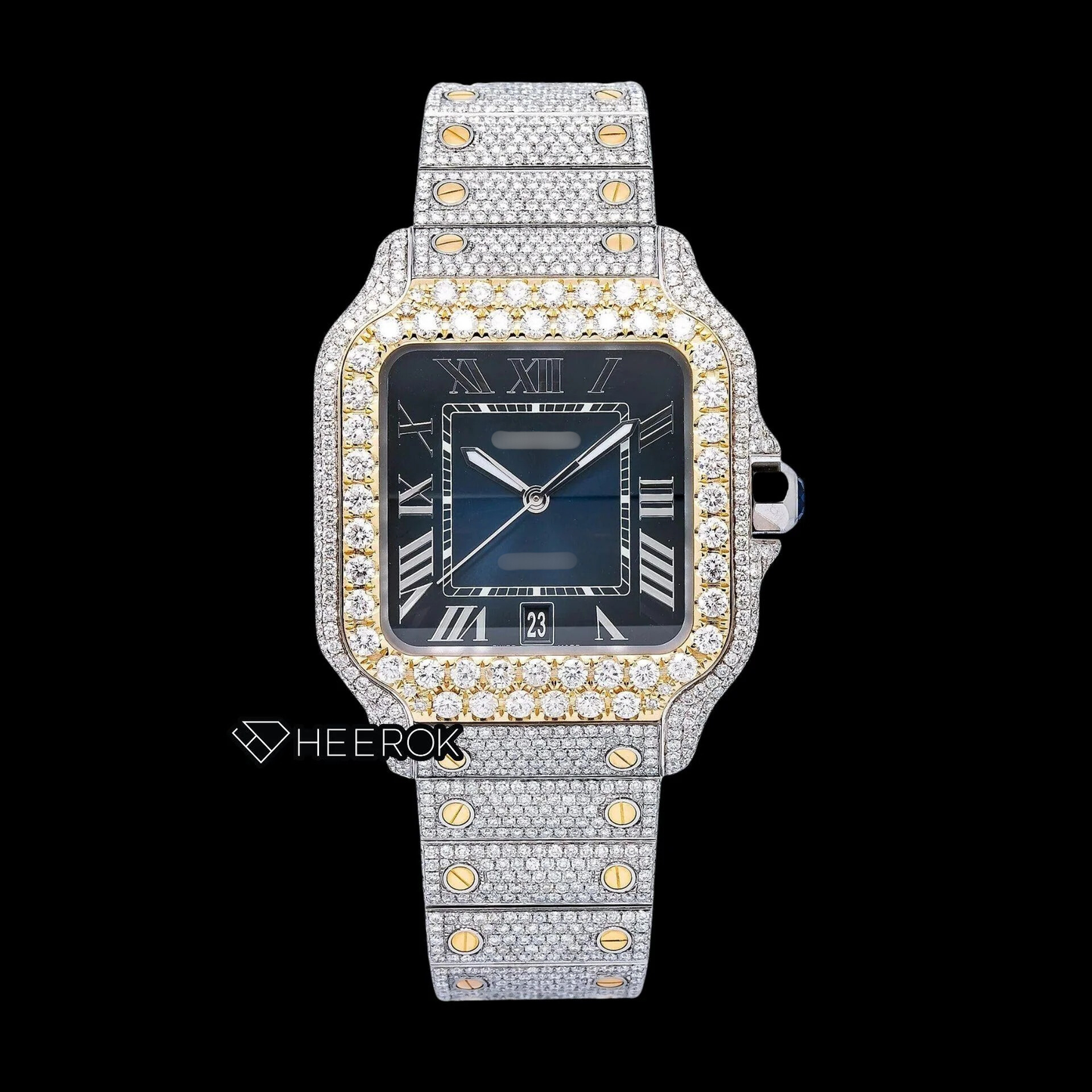 Cartier Santos Blue Dial Roman Numerals Diamond Bezel Two Tone Yellow Gold Bust Down Moissanite Diamond Watch