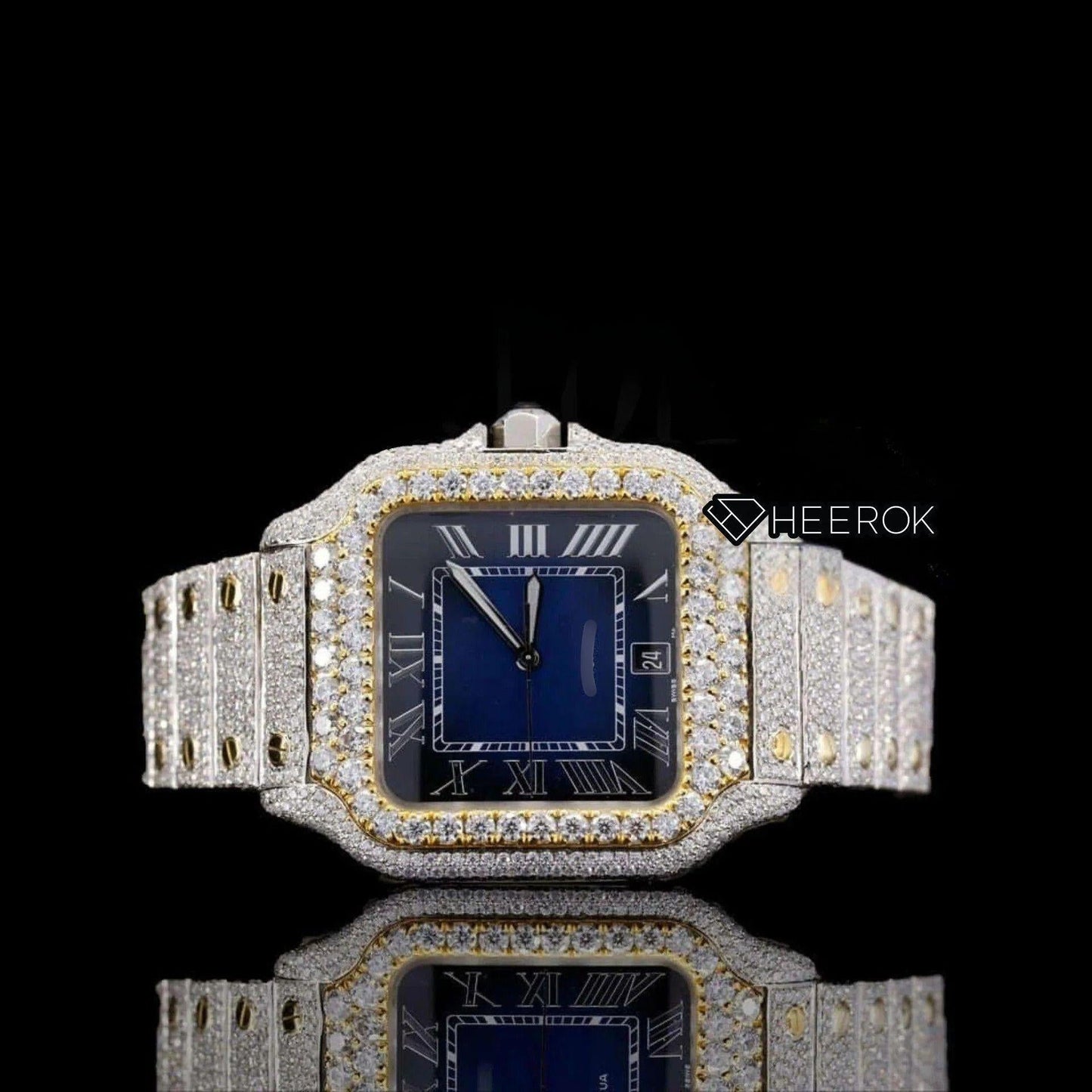 Cartier Santos Blue Dial Roman Numerals Diamond Bezel Two Tone Yellow Gold Fully Iced Moissanite Diamond
