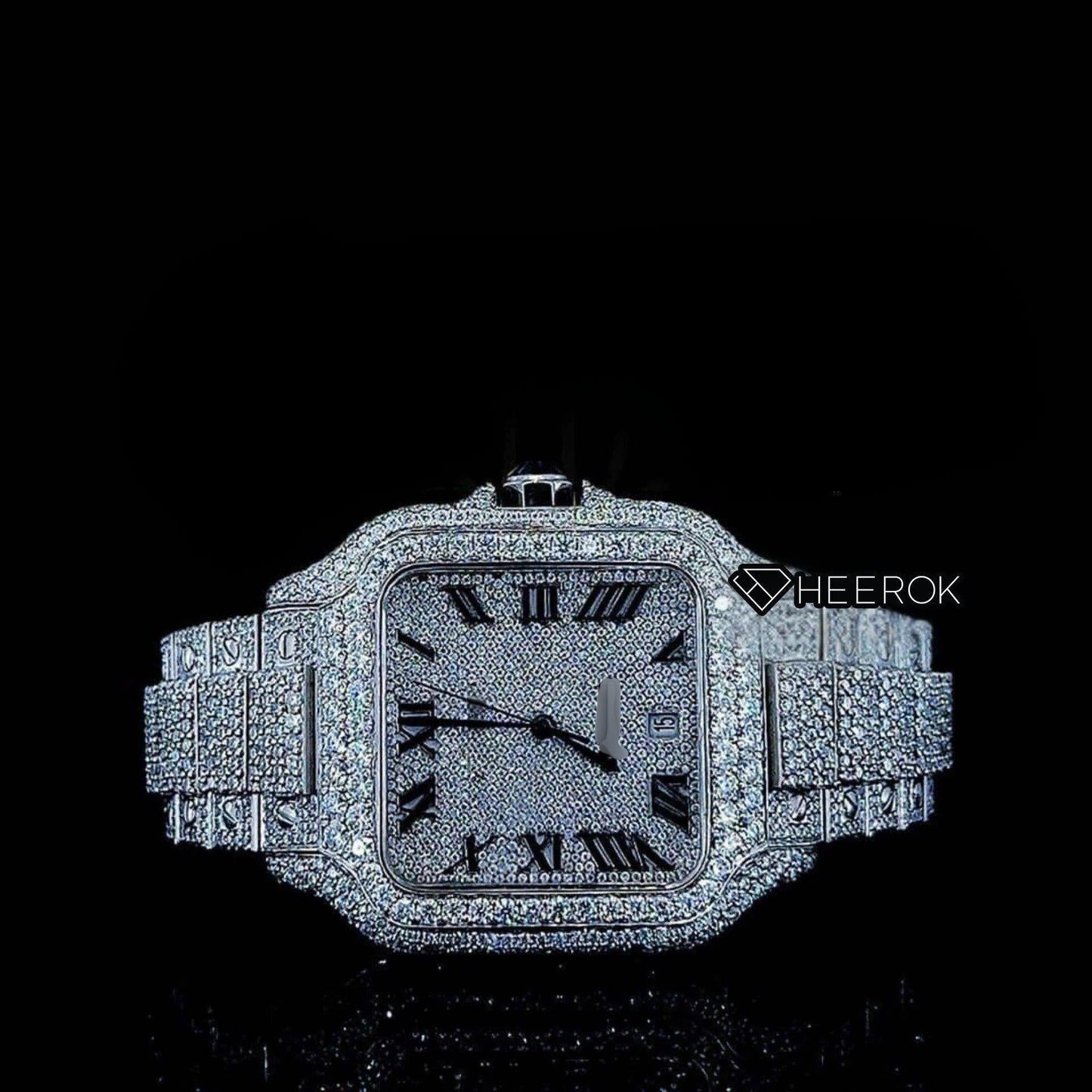 Cartier Santos Full Pave Dial Black Roman Numerals Diamond Bezel Fully Iced Moissanite Diamond