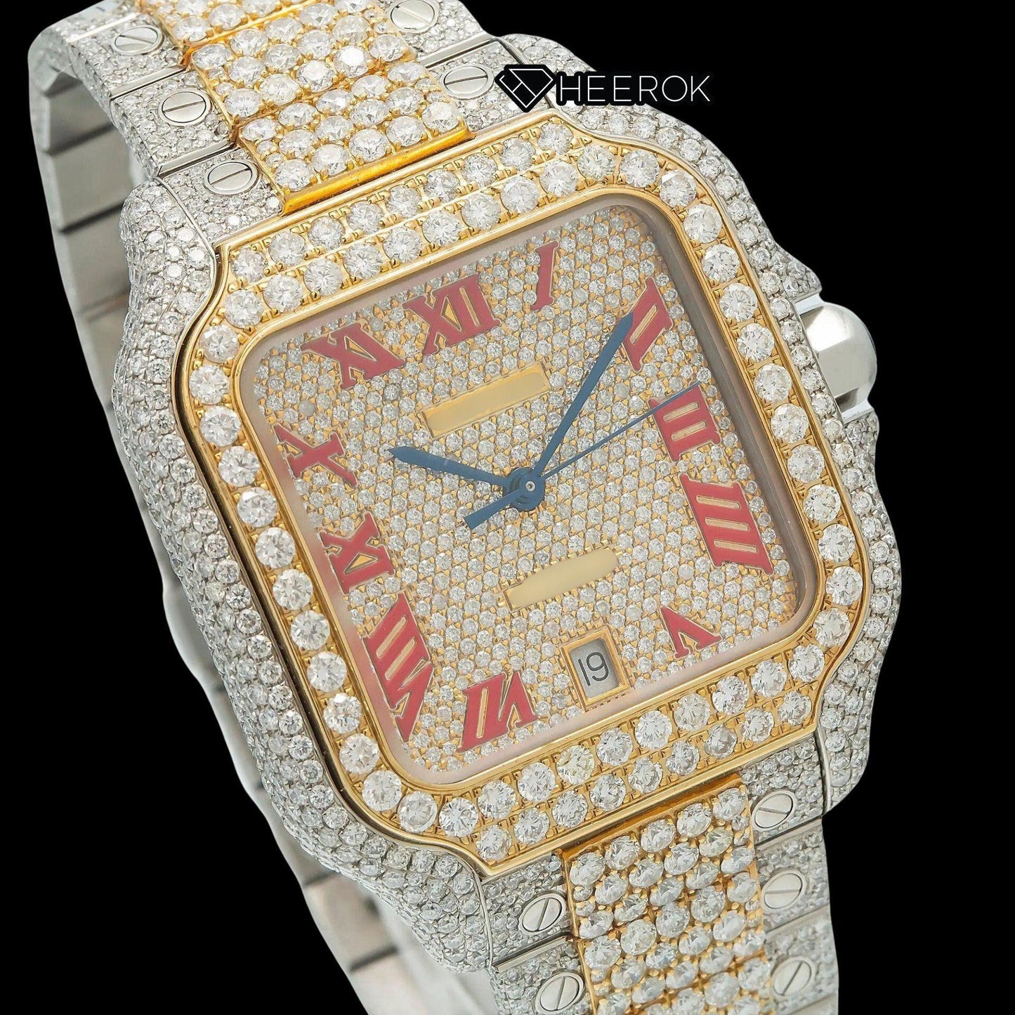 Cartier Santos Full Pave Yellow Gold Dial Red Roman Numerals Diamond Bezel Two Tone Yellow Gold Moissanite Diamond Watch