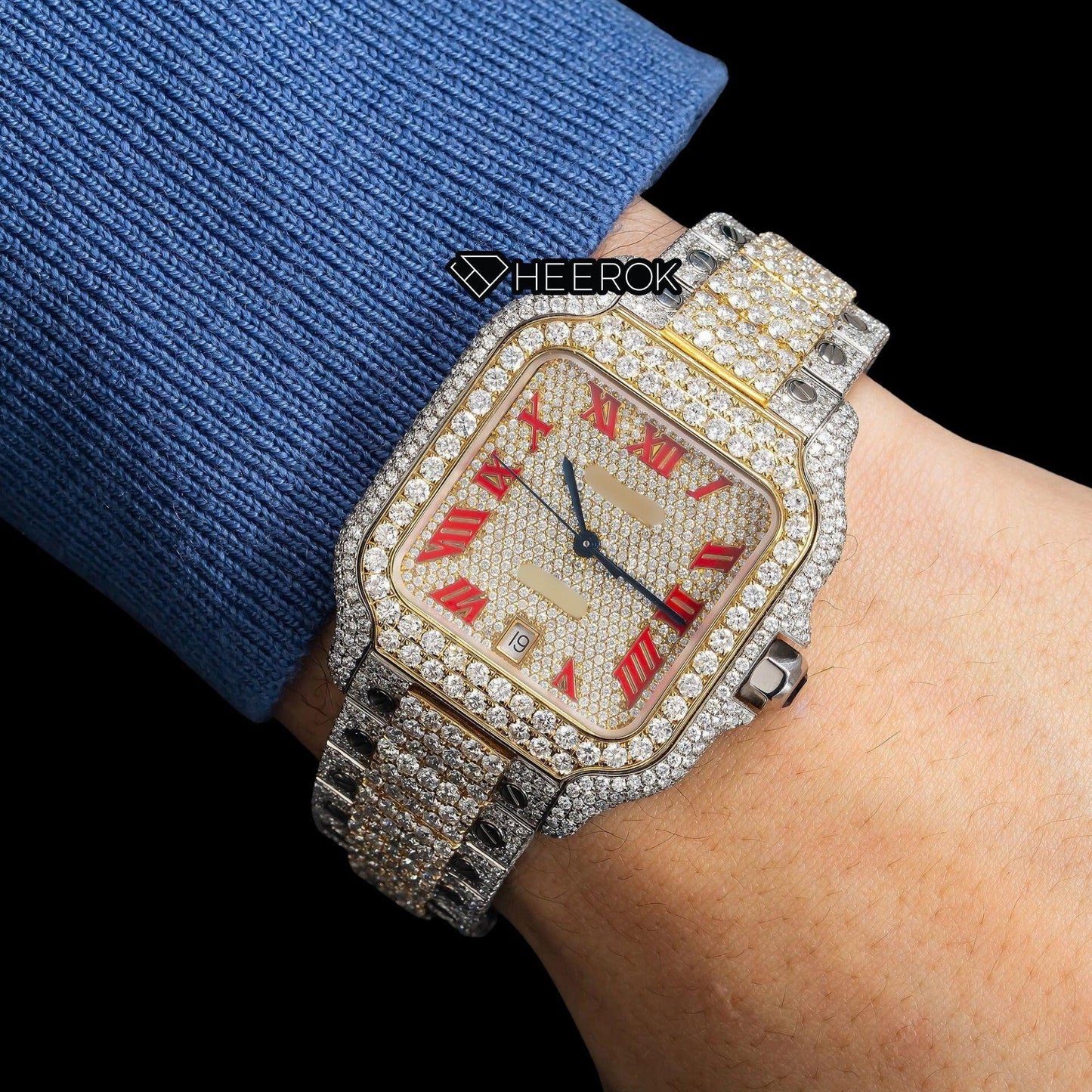 Cartier Santos Full Pave Yellow Gold Dial Red Roman Numerals Diamond Bezel Two Tone Yellow Gold Moissanite Diamond Watch