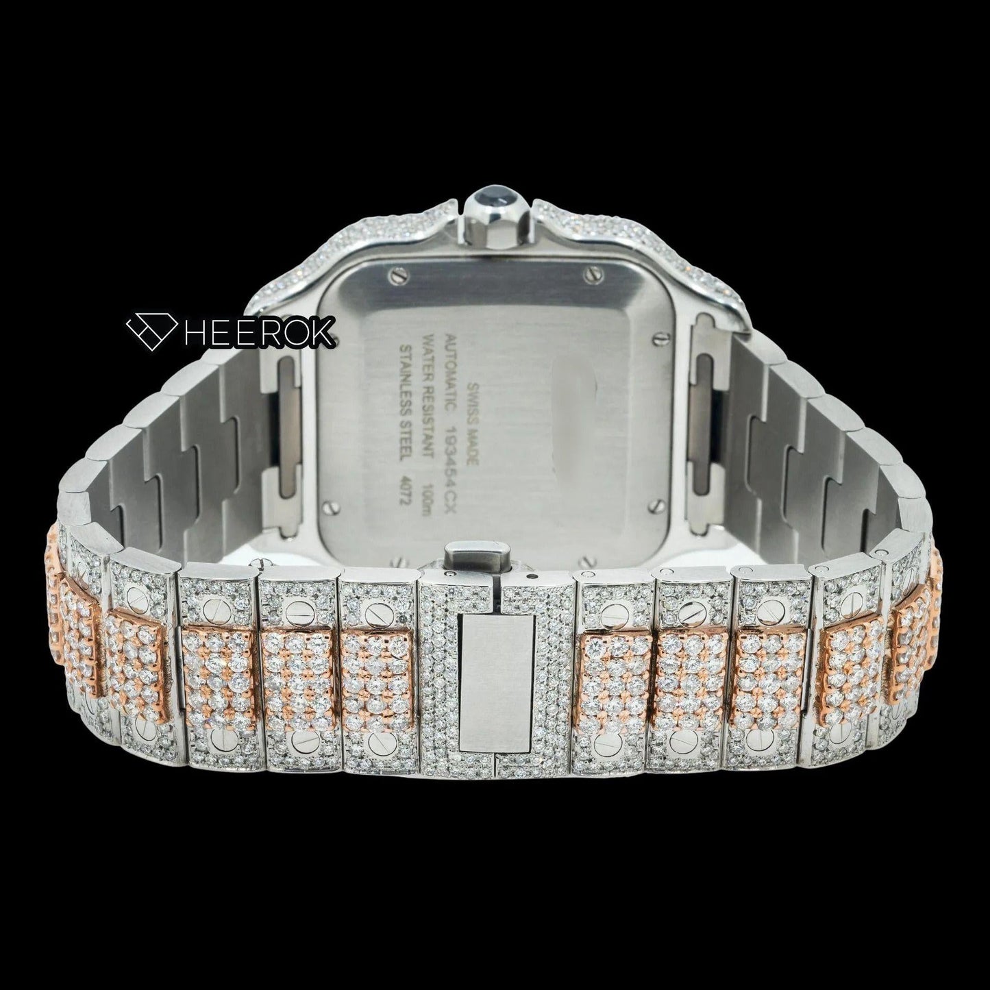 Cartier Santos Rose Gold Dial Black Roman Numerals Diamond Bezel Two Tone Rose Gold Moissanite Diamond Watch