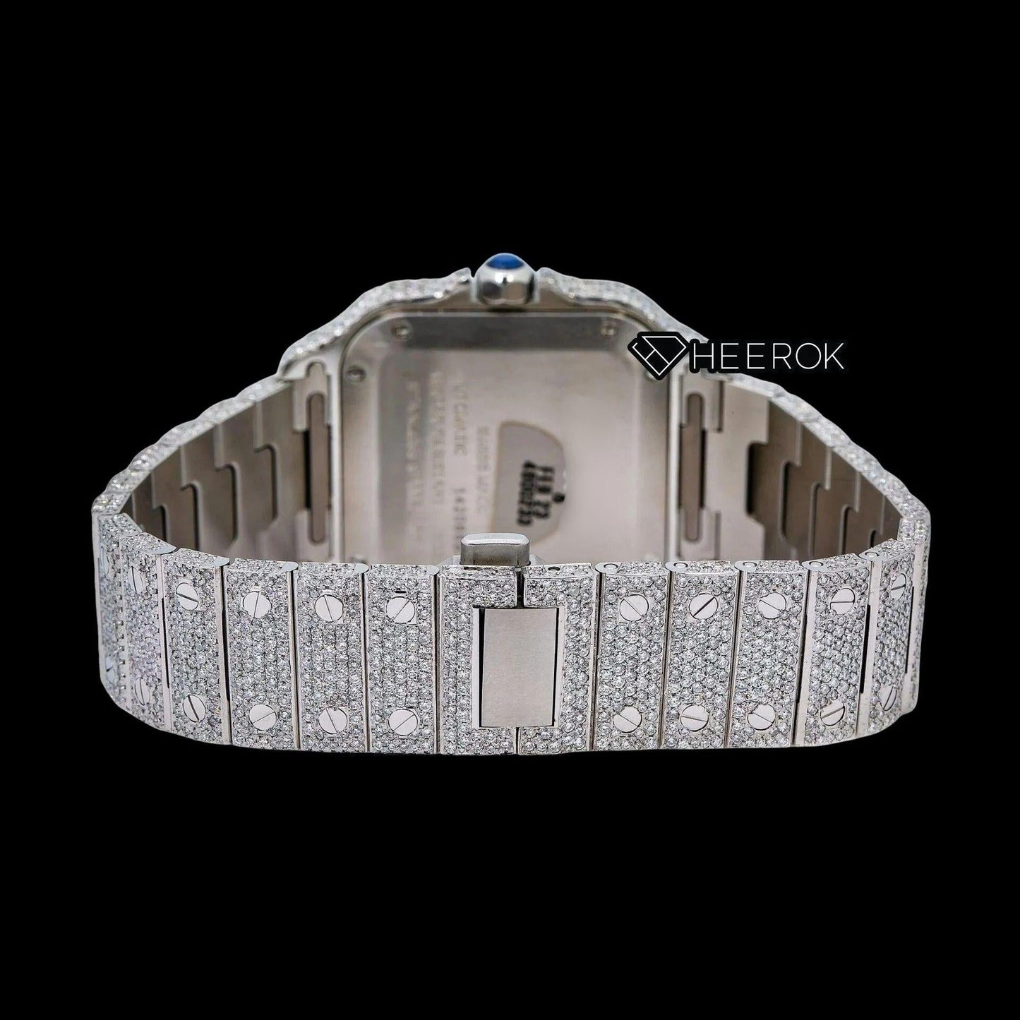 Cartier Santos Rose Gold Dial Black Roman Numerals Large Round Diamond Bezel Fully Iced Moissanite Diamond Watch For Women