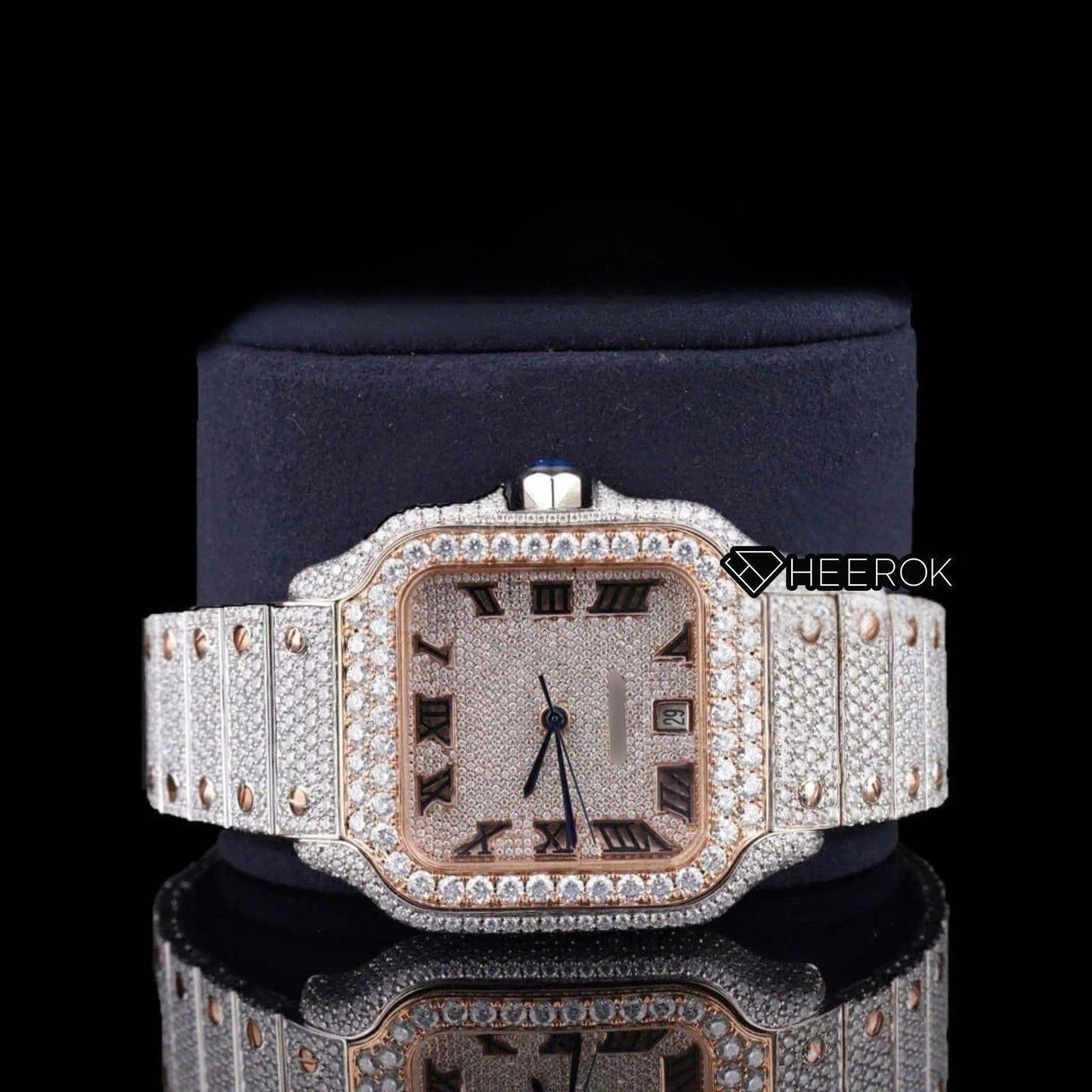 Cartier Santos Rose Gold Dial Roman Numerals Diamond Bezel Two Tone Rose Gold Fully Iced Moissanite Diamond