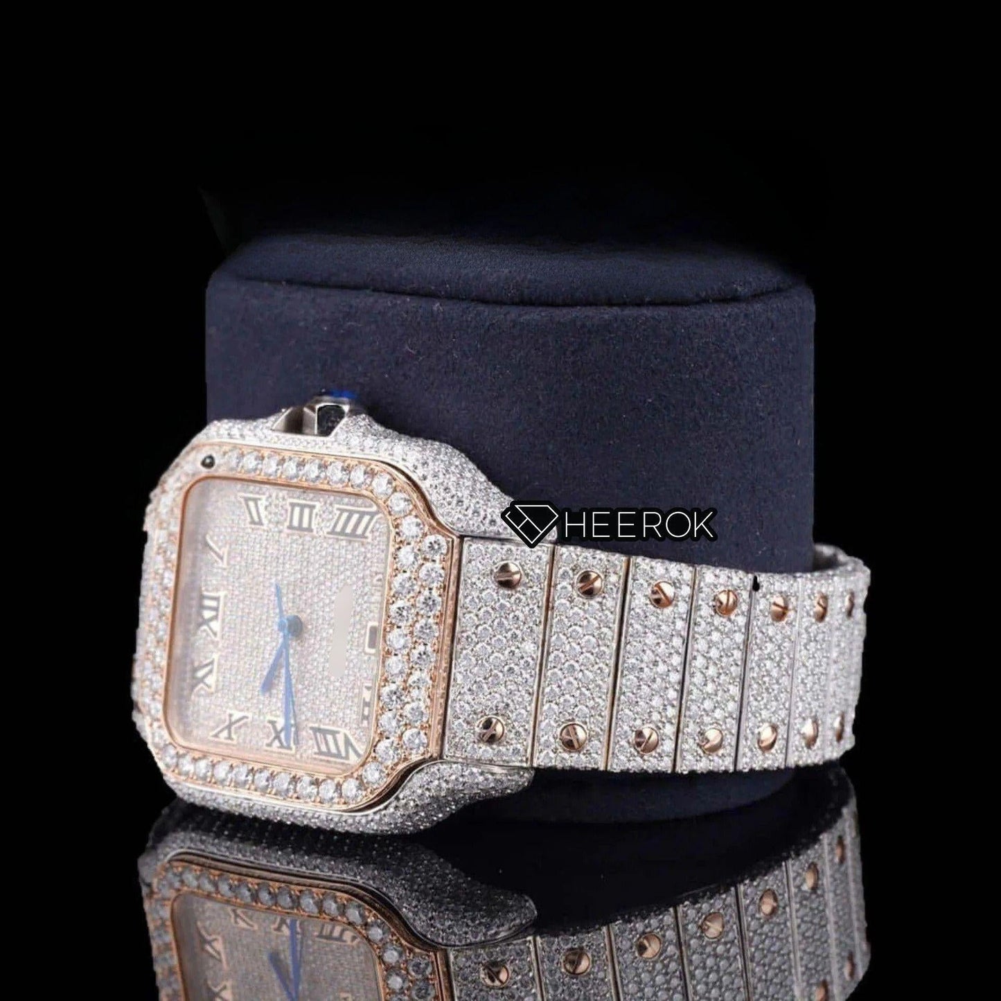 Cartier Santos Rose Gold Dial Roman Numerals Diamond Bezel Two Tone Rose Gold Fully Iced Moissanite Diamond