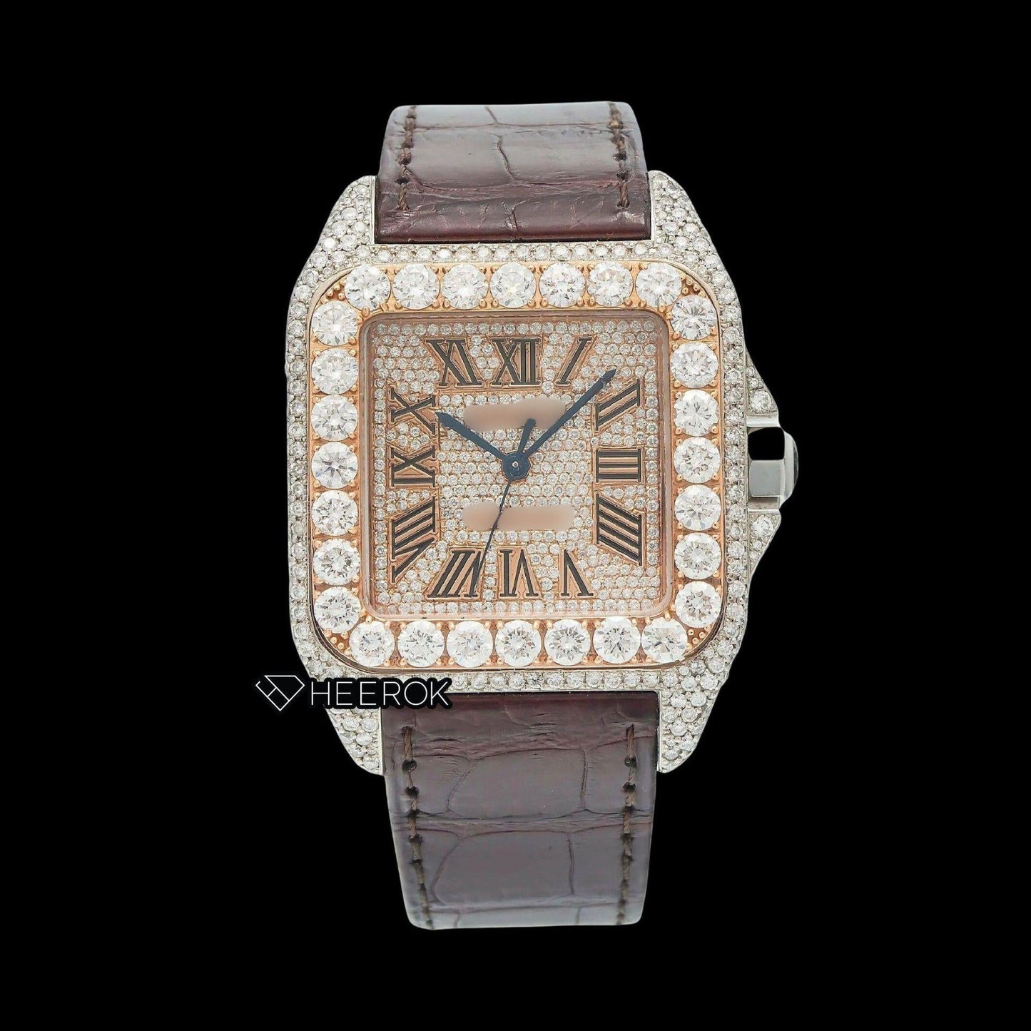 Cartier Santos Rose Gold Dial Roman Numerals Large Round Diamond Bezel Brown Leather Strap Semi Iced Moissanite Diamond Watch