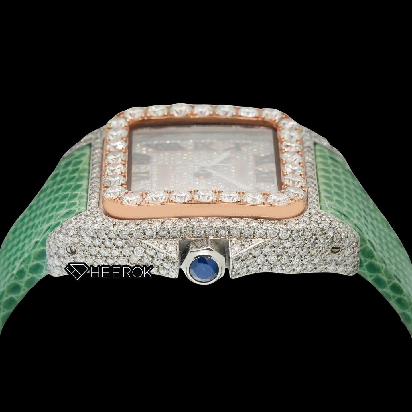 Cartier Santos Rose Gold Dial Roman Numerals Large Round Diamond Bezel Green Leather Strap Semi Iced Moissanite Diamond Watch