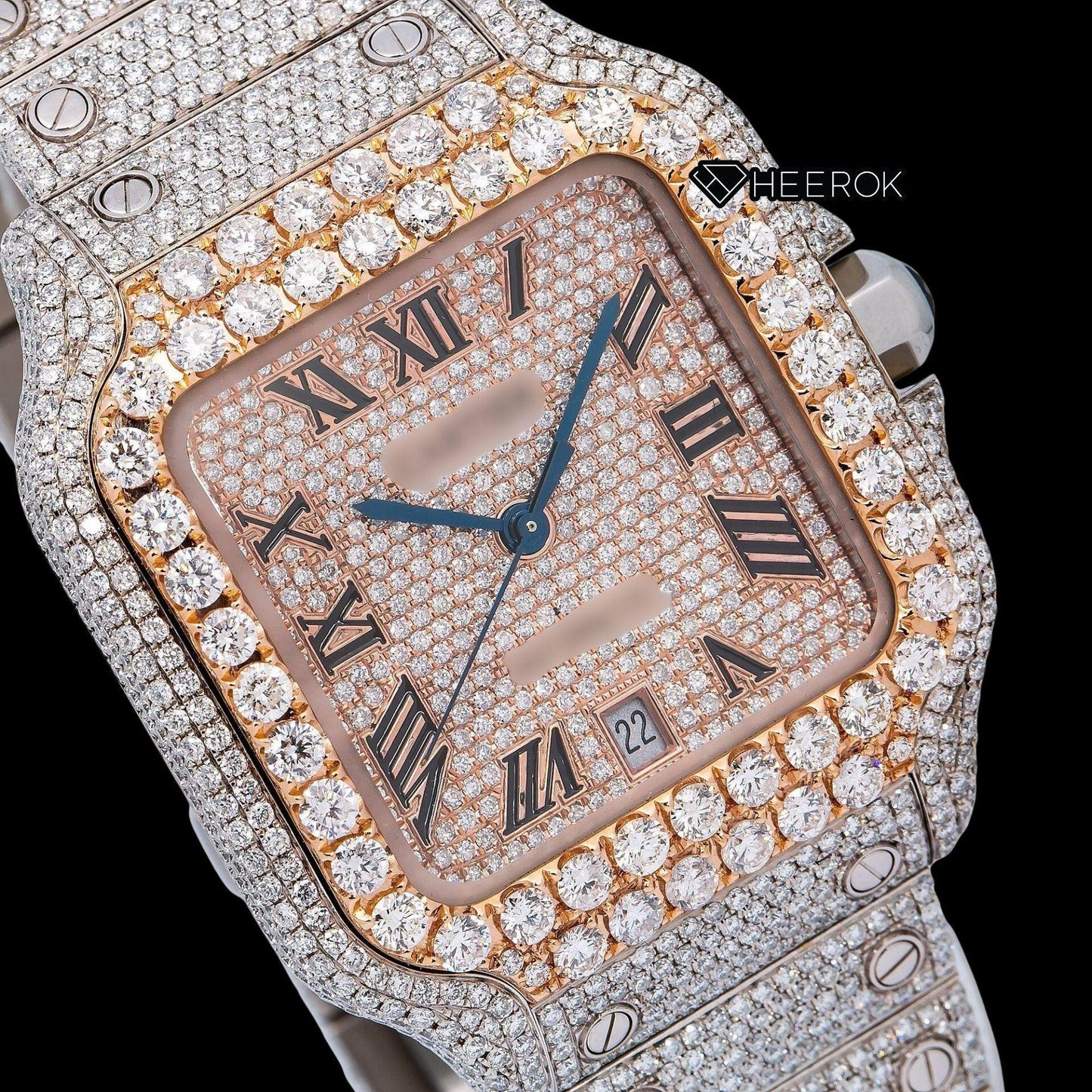 Cartier Santos Rose Gold Full Pave Dial Roman Numerals Diamond Bezel Fully Iced Moissanite Diamond Watch