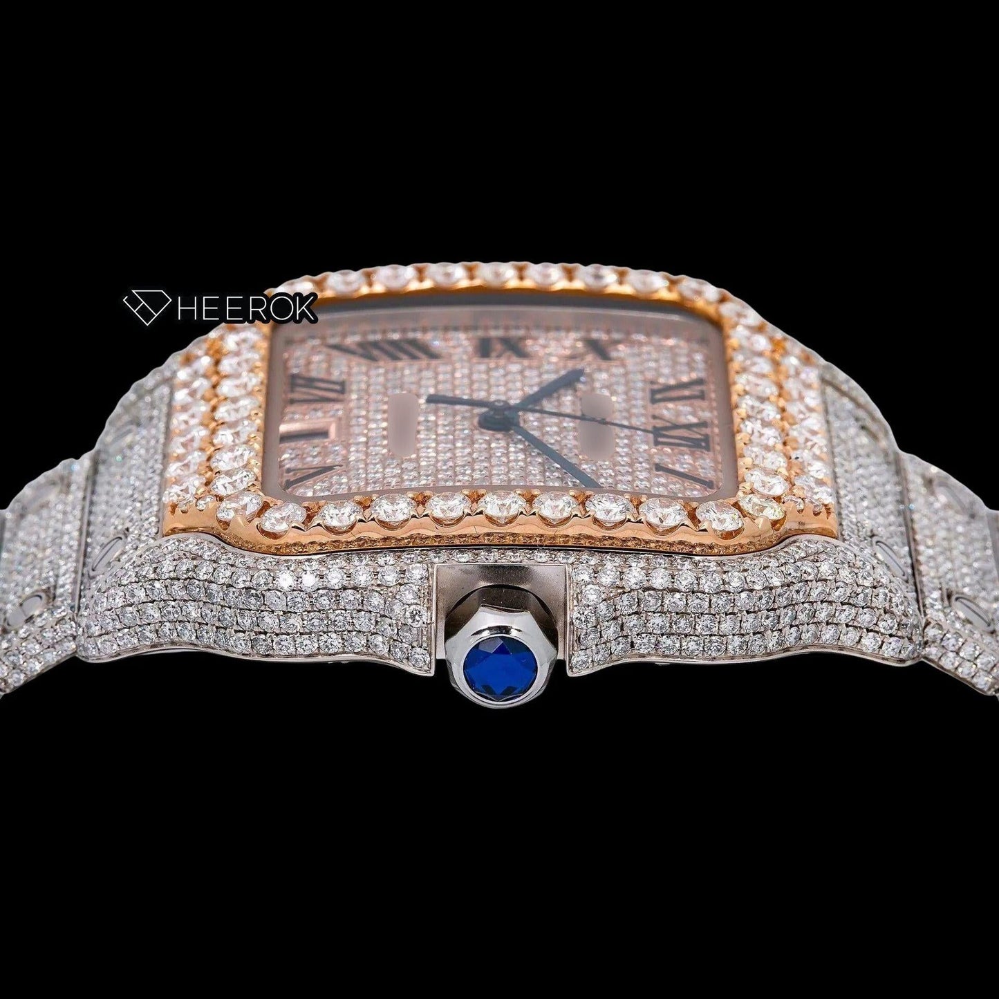 Cartier Santos Rose Gold Full Pave Dial Roman Numerals Diamond Bezel Fully Iced Moissanite Diamond Watch