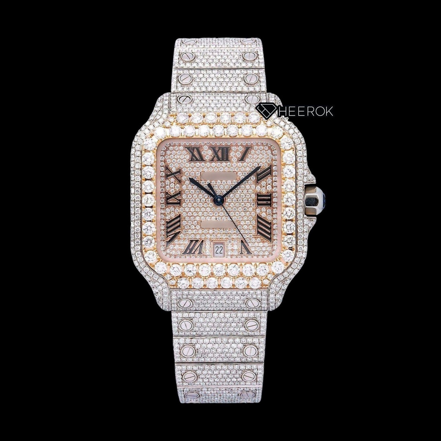 Cartier Santos Rose Gold Full Pave Dial Roman Numerals Diamond Bezel Fully Iced Moissanite Diamond Watch