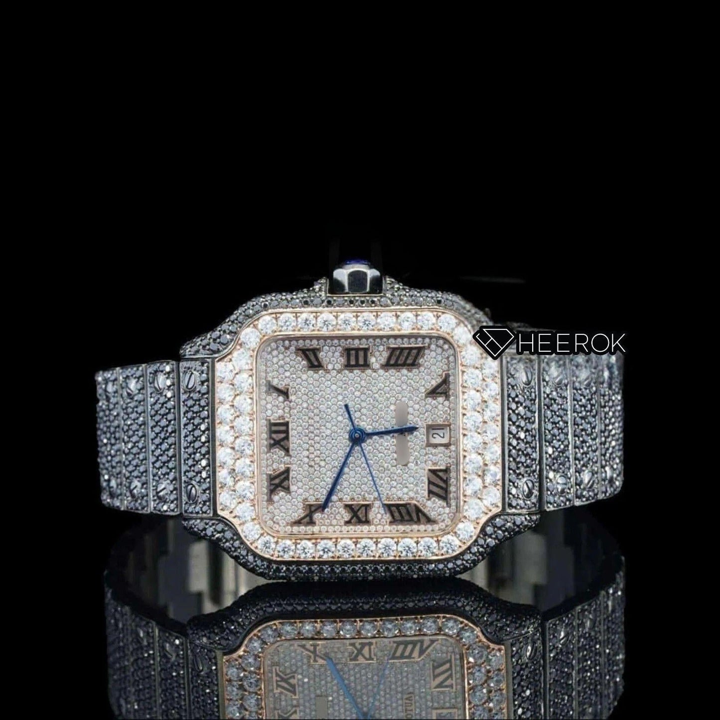 Cartier Santos Rose Gold Roman Dial Diamond Bezel Fully Iced Moissanite Black Diamond Bracelet