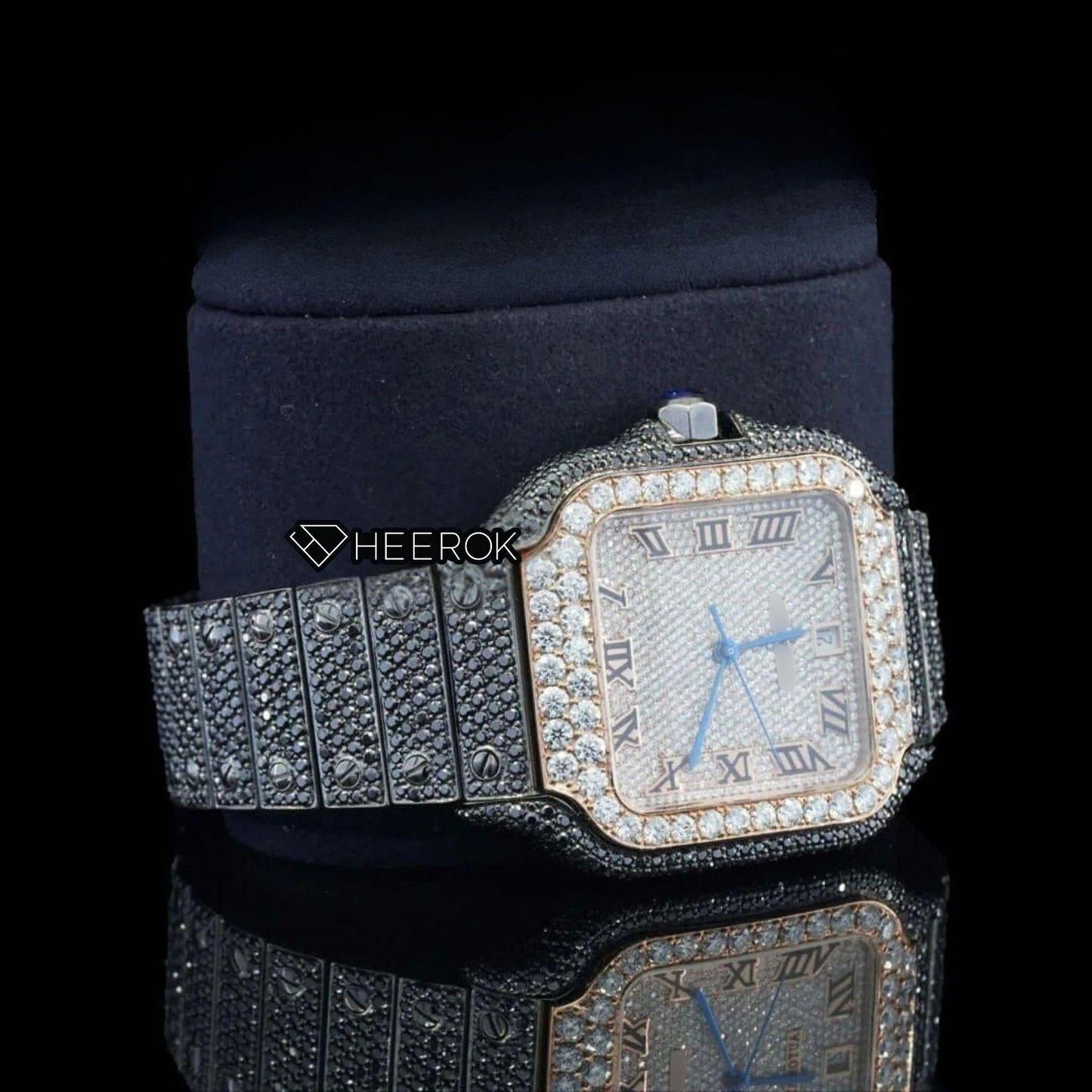 Cartier Santos Rose Gold Roman Dial Diamond Bezel Fully Iced Moissanite Black Diamond Bracelet