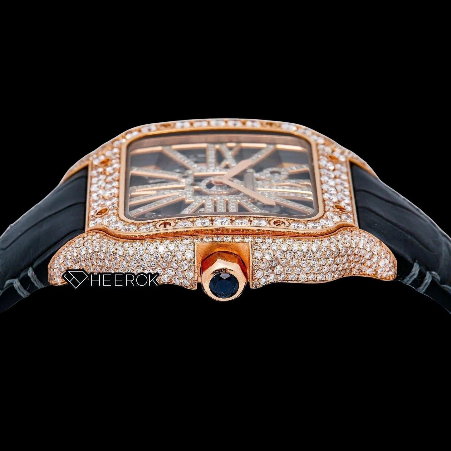 Cartier Santos Rose Gold Skeleton Dial Diamonds Bezel Black Leather Strap Semi Iced Moissanite Diamond Watch