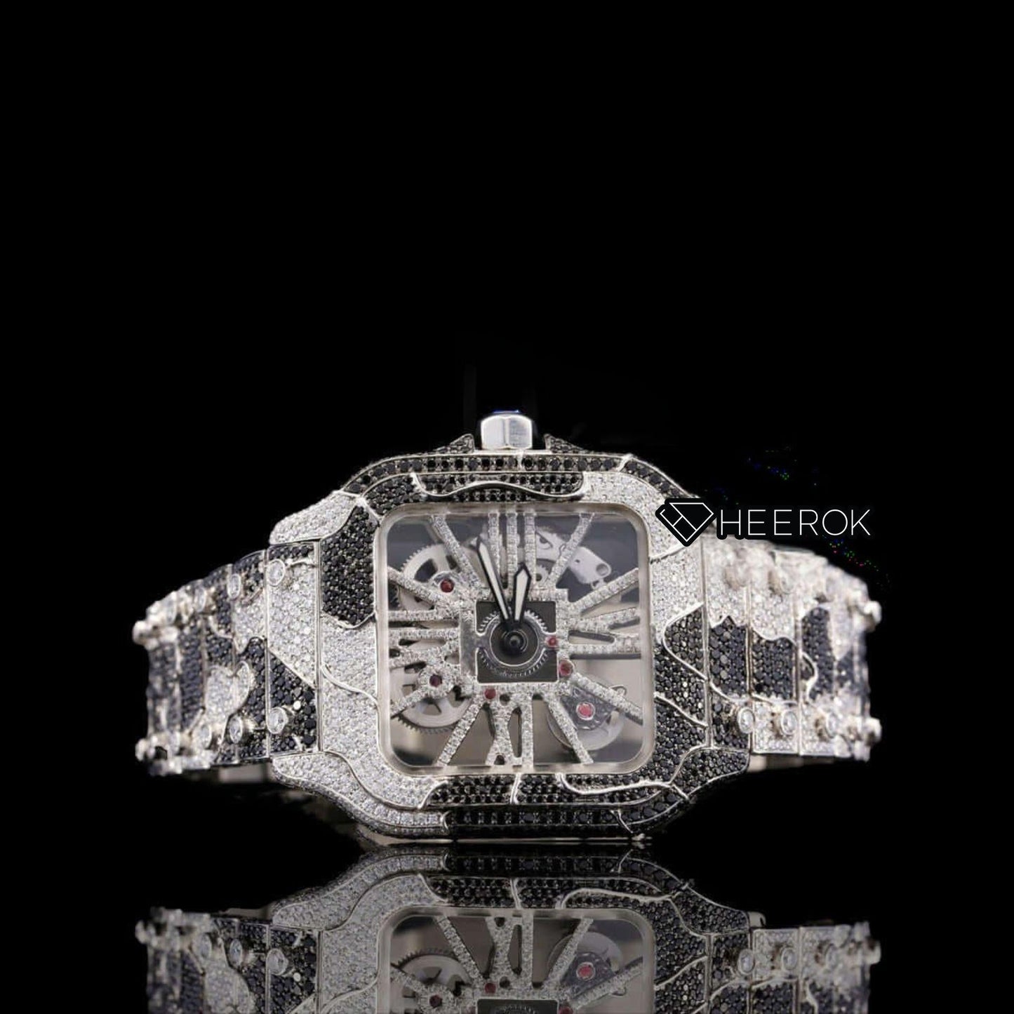 Cartier Santos Skeleton Dial Black and White Diamond Bezel Two Tone Bracelet Moissanite Diamond