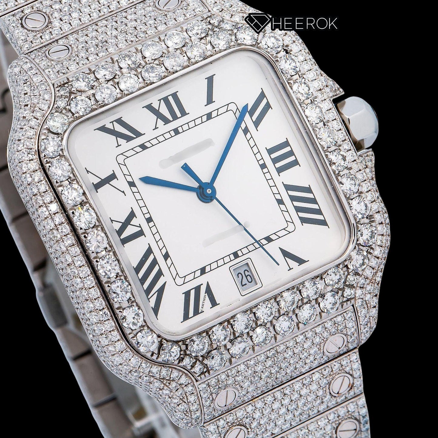 Cartier Santos White Dial Black Roman Numerals Diamond Bezel Fully Iced Moissanite Diamond Watch