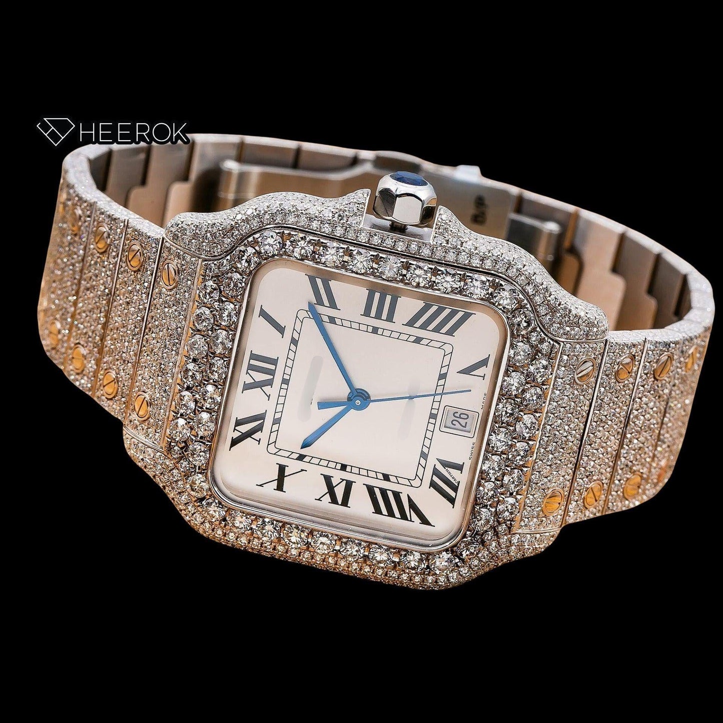 Cartier Santos White Dial Black Roman Numerals Diamond Bezel Fully Iced Moissanite Diamond Watch