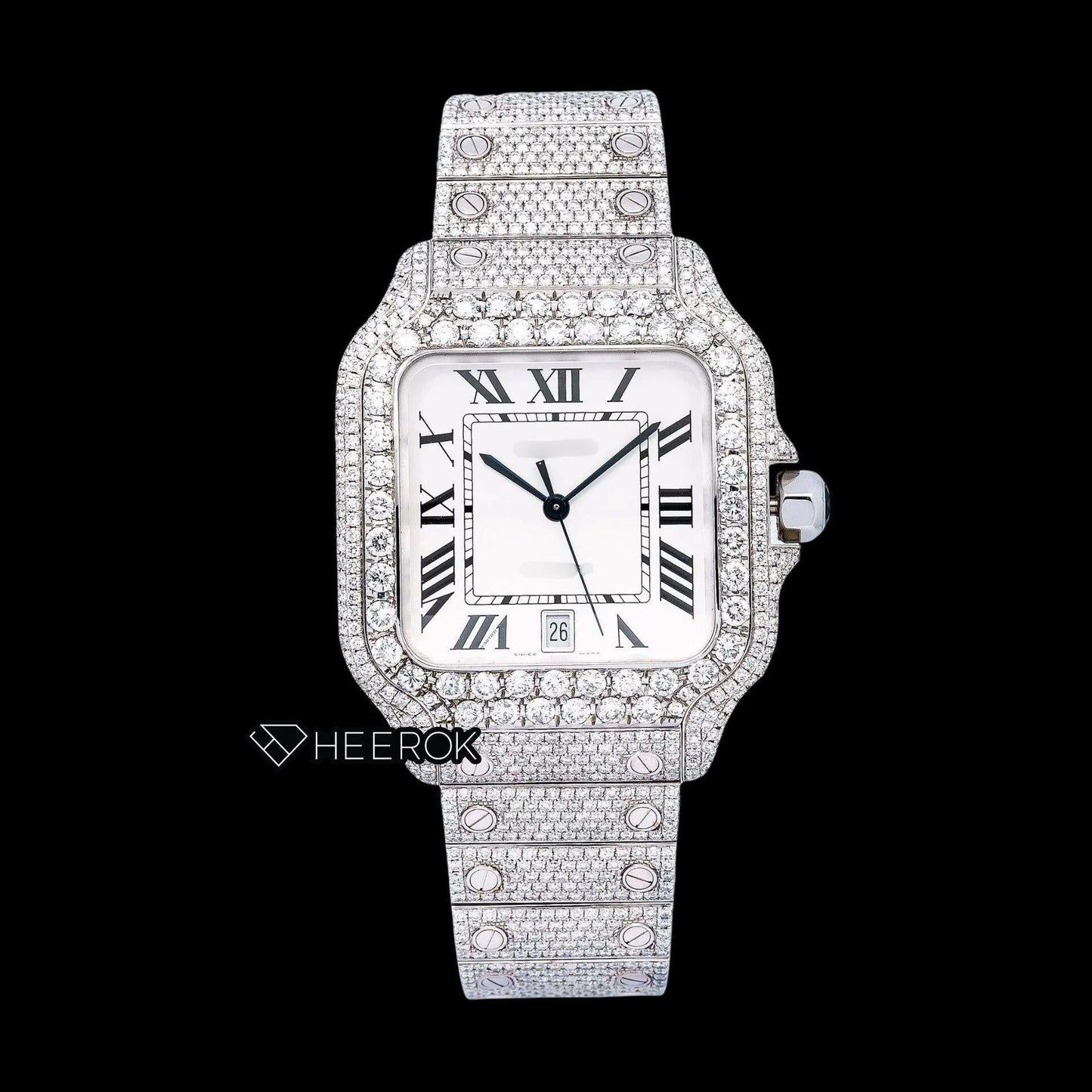 Cartier Santos White Dial Black Roman Numerals Diamond Bezel Fully Iced Moissanite Diamond Watch