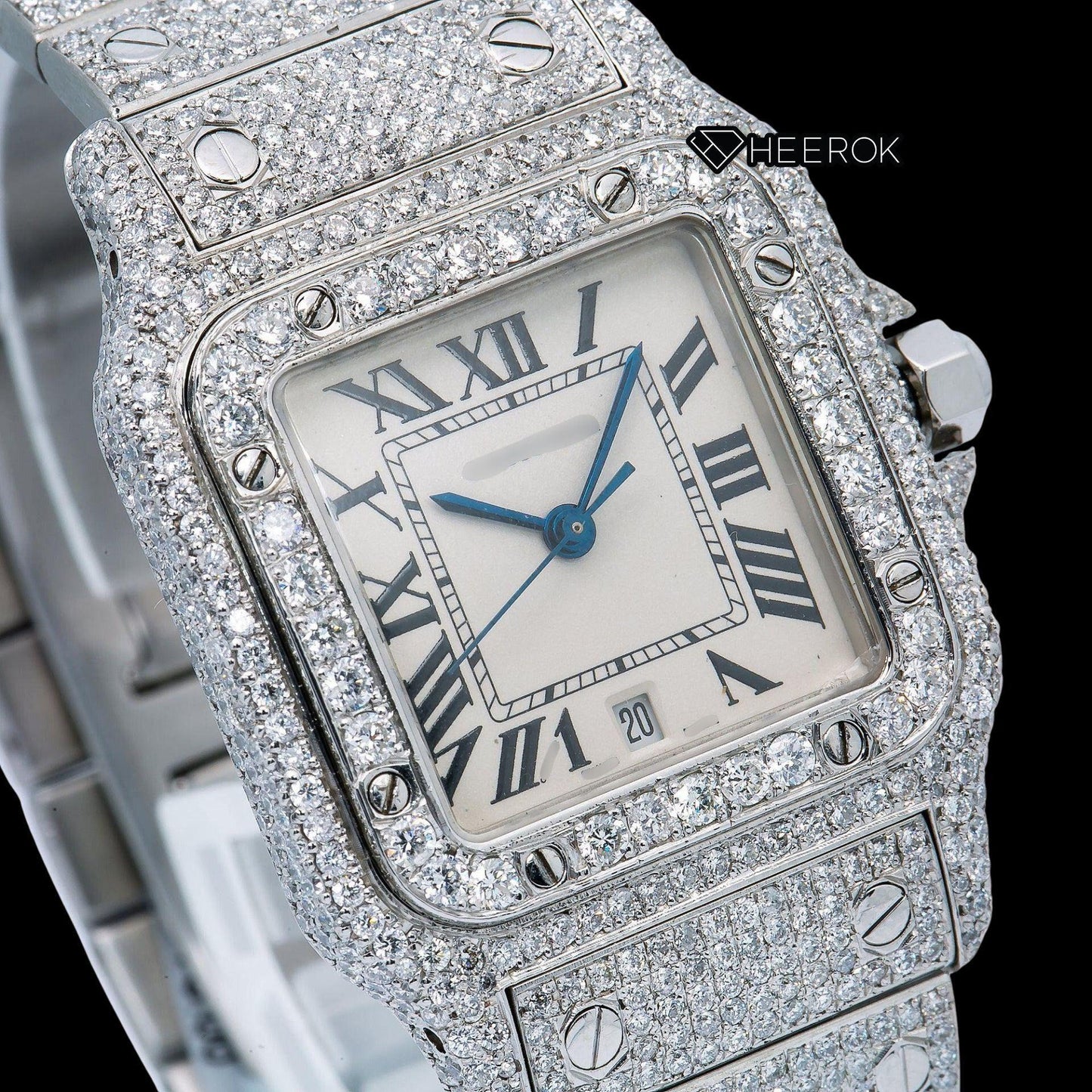 Cartier Santos White Dial Roman Numerals Diamond Bezel Bust Down Moissanite Diamond Watch For Women