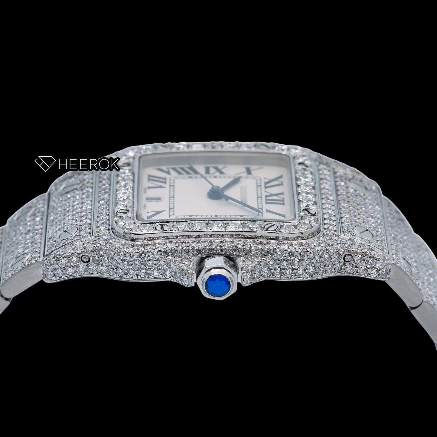 Cartier Santos White Dial Roman Numerals Diamond Bezel Bust Down Moissanite Diamond Watch For Women