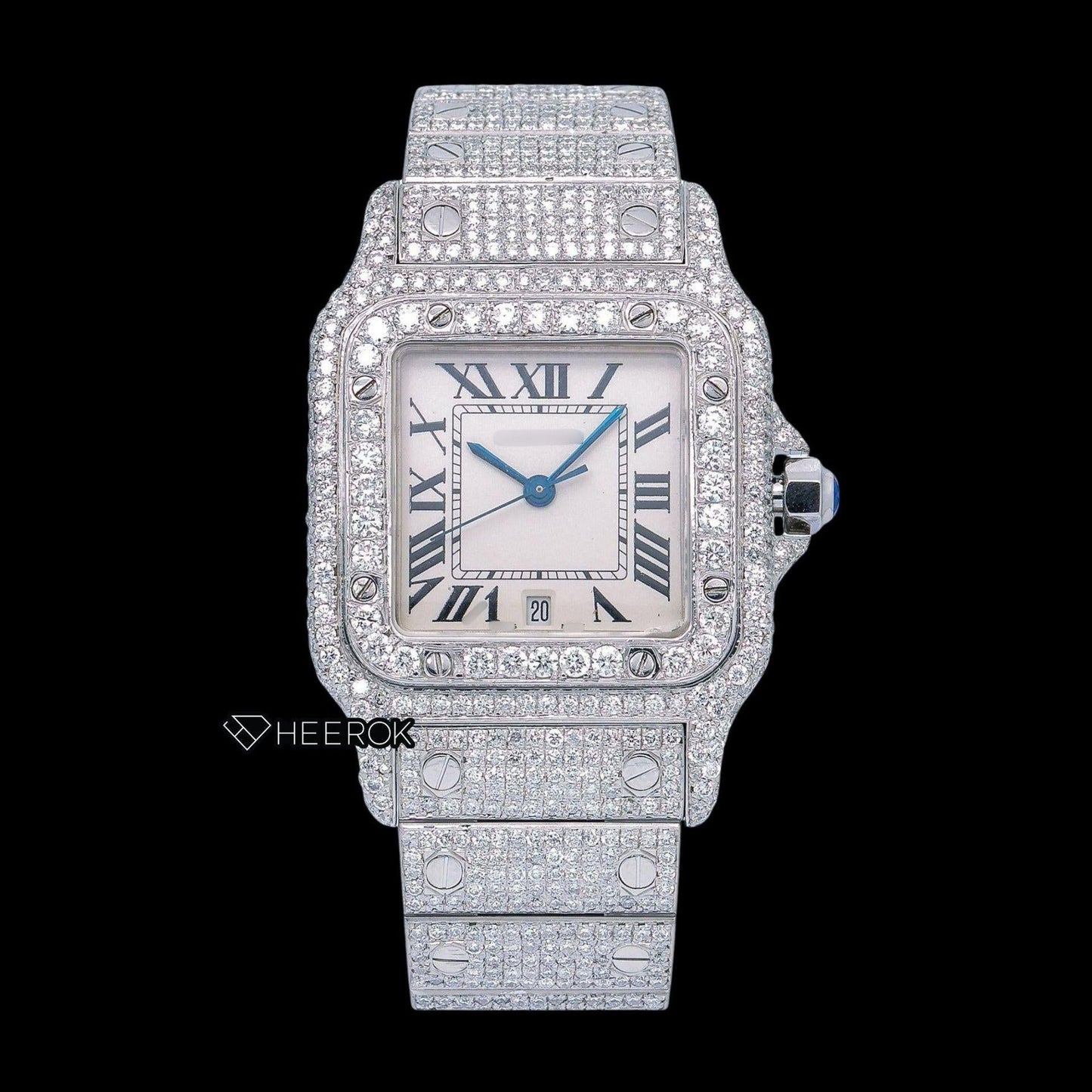 Cartier Santos White Dial Roman Numerals Diamond Bezel Bust Down Moissanite Diamond Watch For Women
