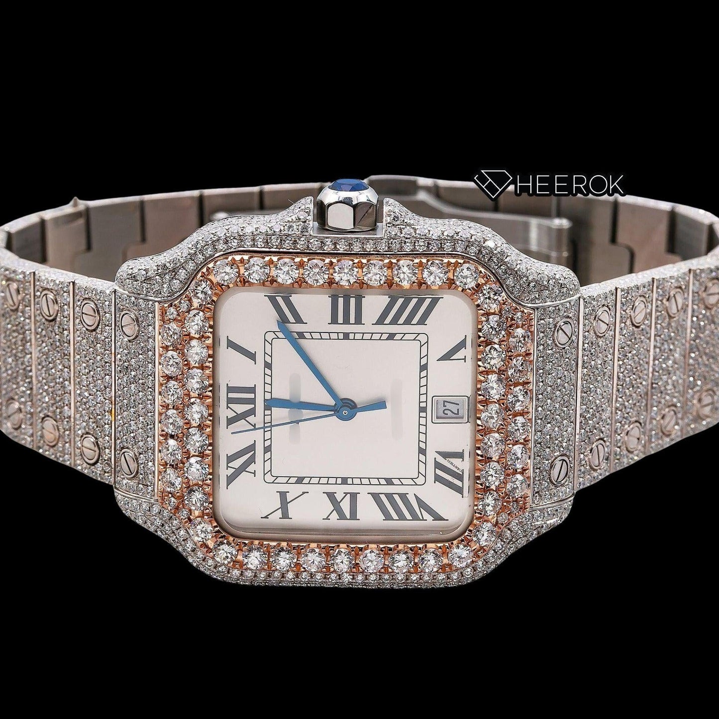 Cartier Santos White Dial Roman Numerals Diamond Bezel Fully Iced Out Moissanite Diamond Watch