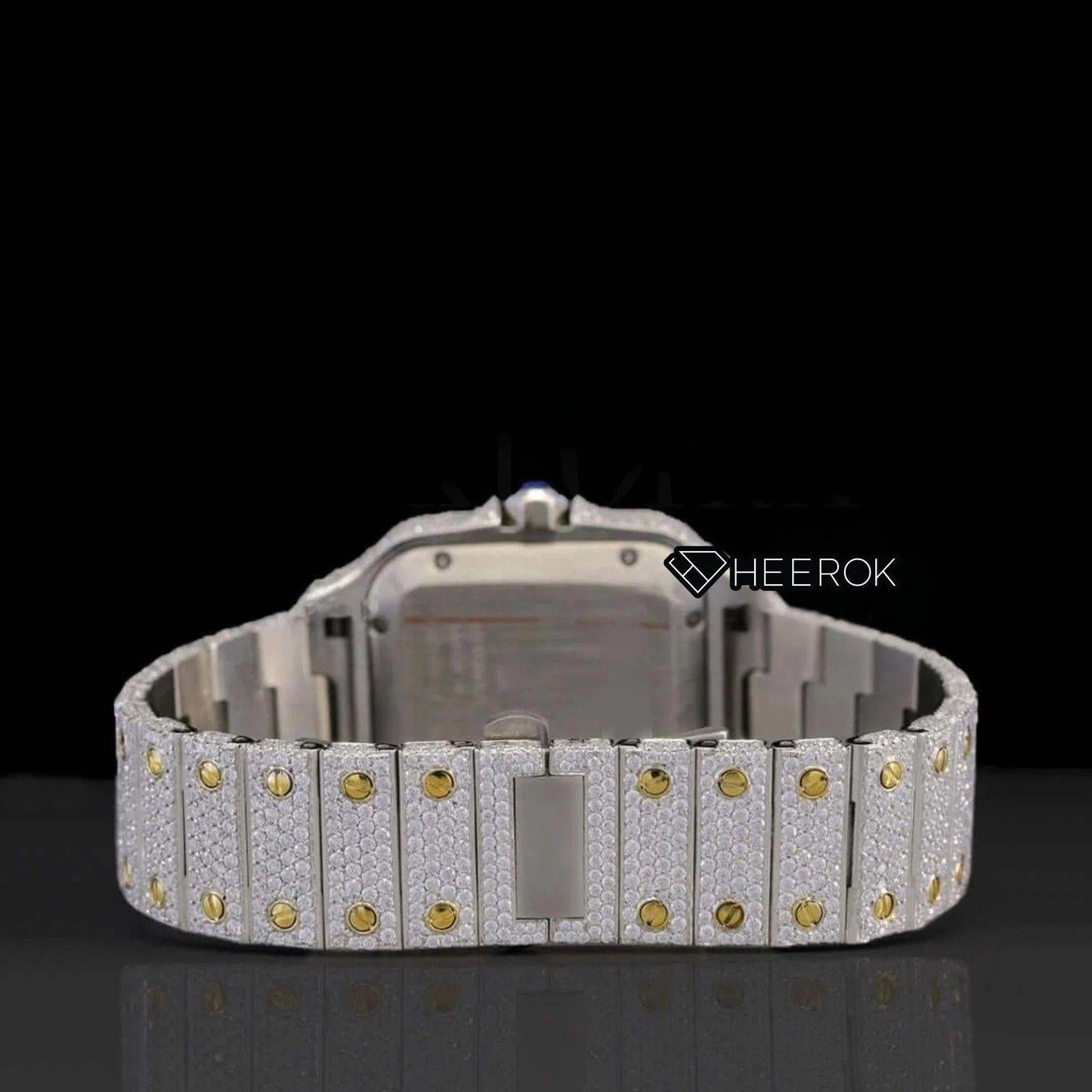 Cartier Santos Yellow Dial Black Roman Numerals Diamond Bezel Fully Iced Moissanite Diamond