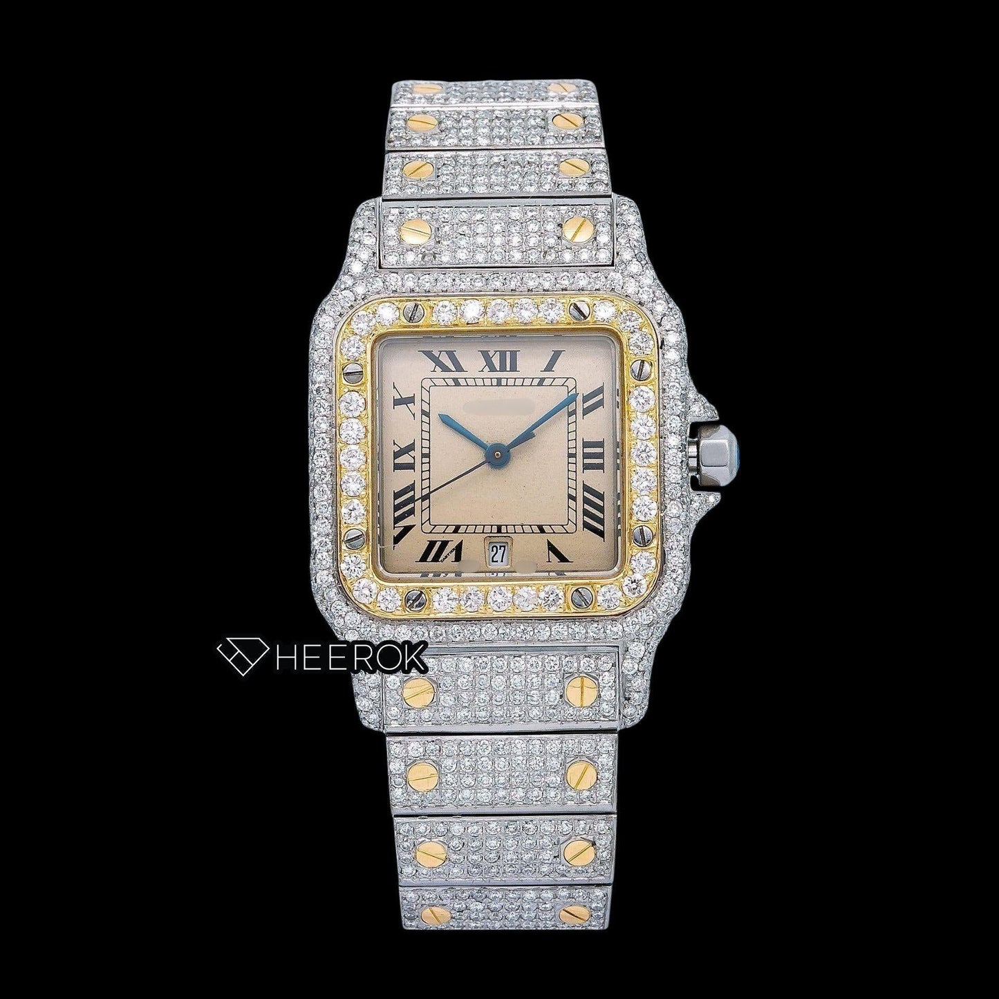 Cartier Santos Yellow Dial Roman Numerals Diamond Bezel Fully Iced Two Tone Moissanite Diamond Watch For Women