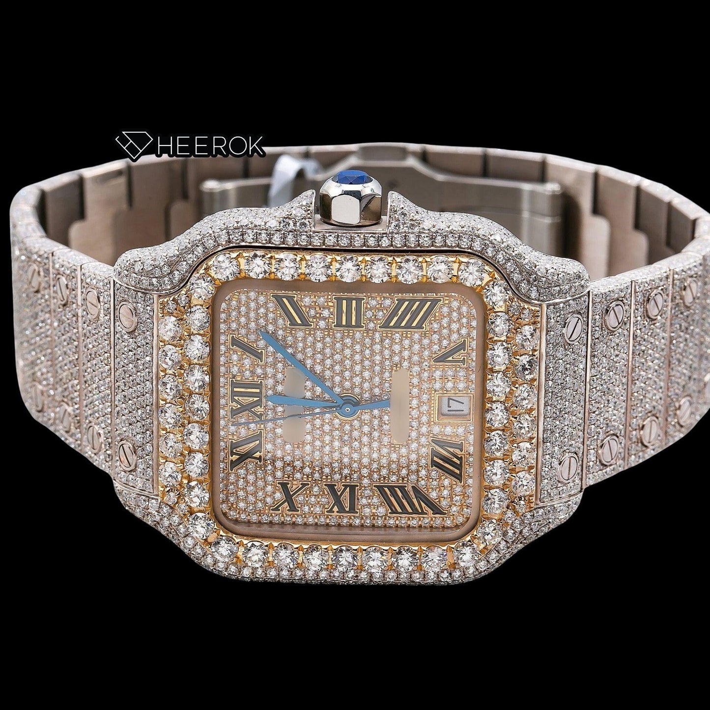 Cartier Santos Yellow Gold Full Pave Dial Roman Numerals Diamond Bezel Fully Iced Moissanite Diamond Watch